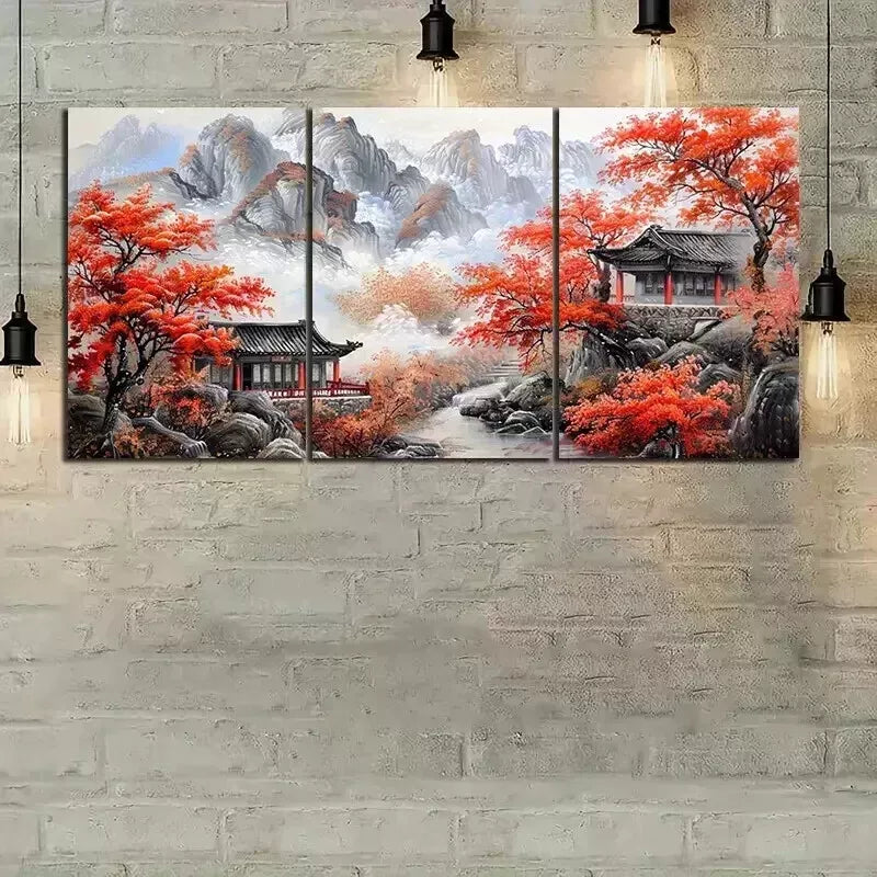 3-Piece Chinese Style Landscape Wall Art Set - Framed Canvas Prints 50x70cm - High Quality Handmade Wall Decor - Ready to Hang - Perfect for Living Room, Bedroom & Office Decor