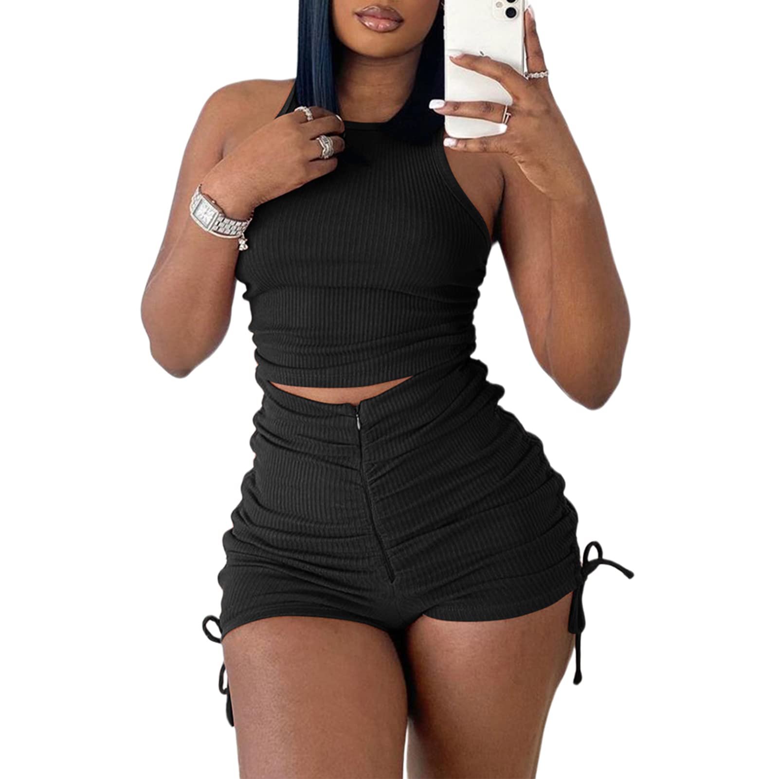 Sexy Women's Two Piece Outfits - Ribbed Crop Tank Top & High Waist Biker Shorts Set for Summer, Workout, and Club Wear | Comfortable Gym & Night Out Fashion