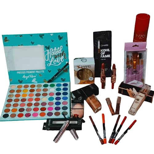 WOODZON 19-Piece Makeup Kit with Eyeshadow Palette, Primer, Foundation, Concealer, Brushes, Kajal, Lipstick & Eyeliner - Perfect for Travel, Professional Makeup & Everyday Beauty Routine