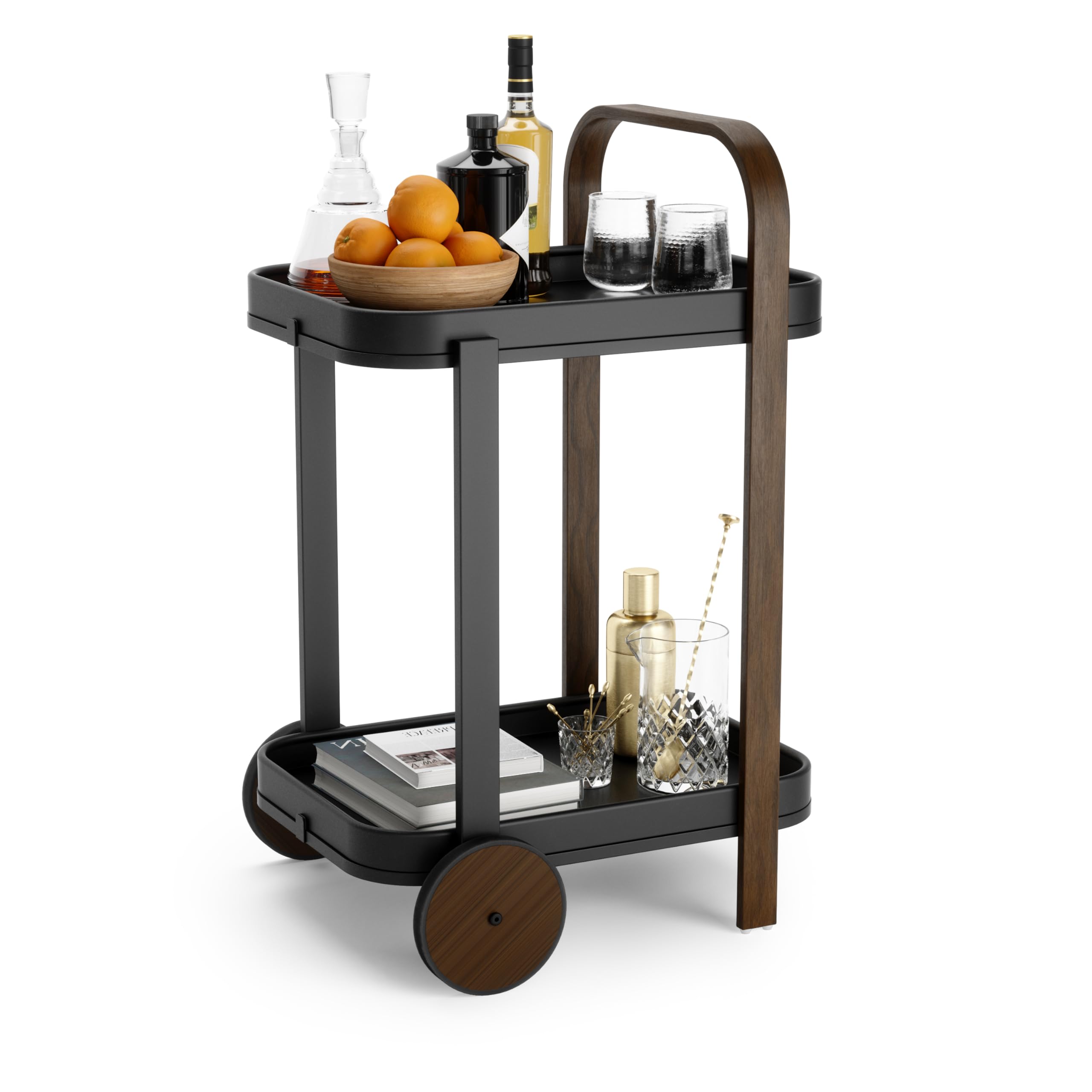 Umbra Bellwood Bar Cart - Modern Serving Trolley & Side Table in Walnut/Black Finish | Perfect for Home Bar, Living Room Decor & Entertaining Guests