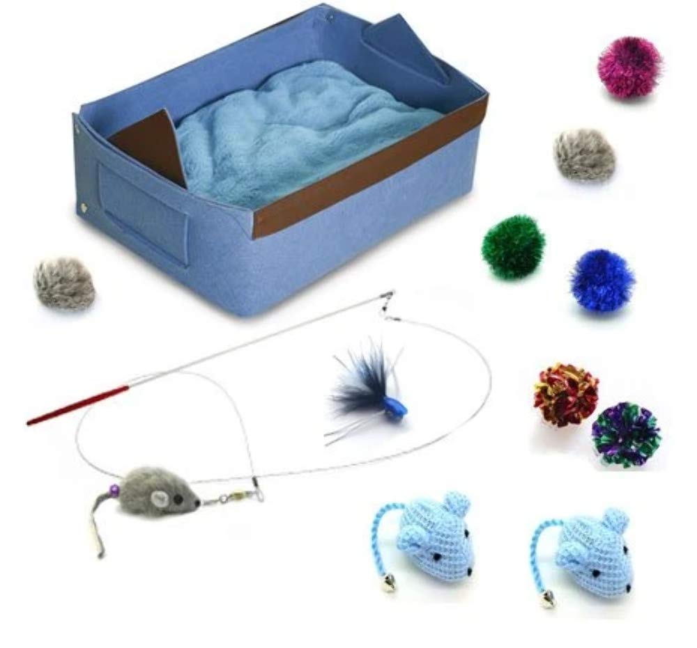 Premium Kitten Cat Toy & Bed Starter Kit - Soft Plush Blue Pet Bed with Interactive Toys for Kittens - Perfect for Playtime & Napping at Home