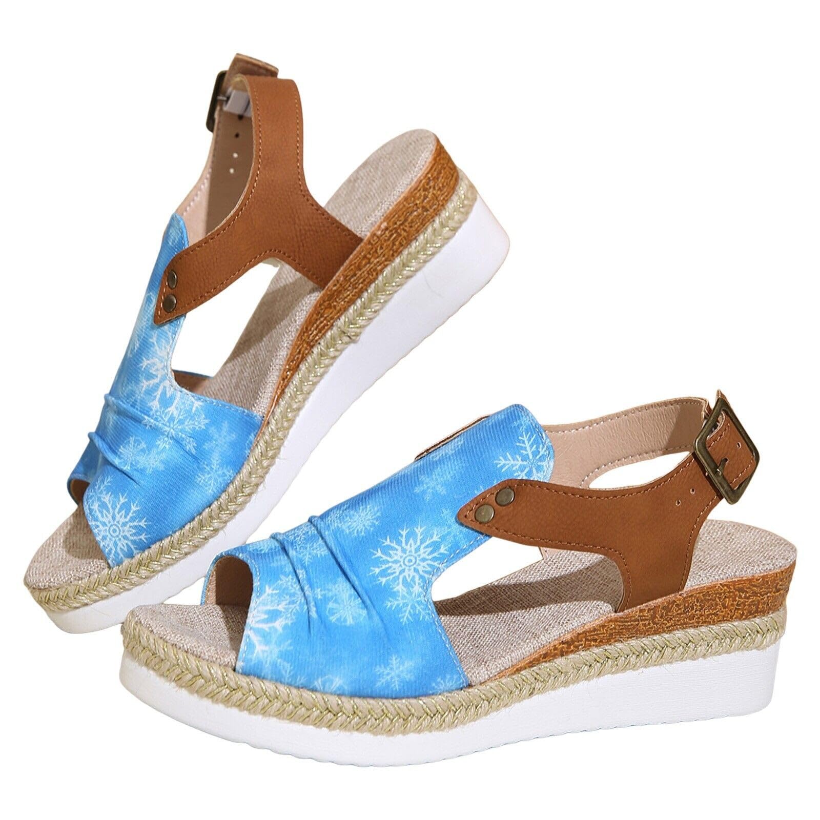 Oelaio Women's Summer Wedge Sandals - Casual Fish Mouth Roman Beach Sandals with Clasp, Sky Blue Size 37 | Perfect for Beach Vacations, Poolside Lounging & Summer Outfits