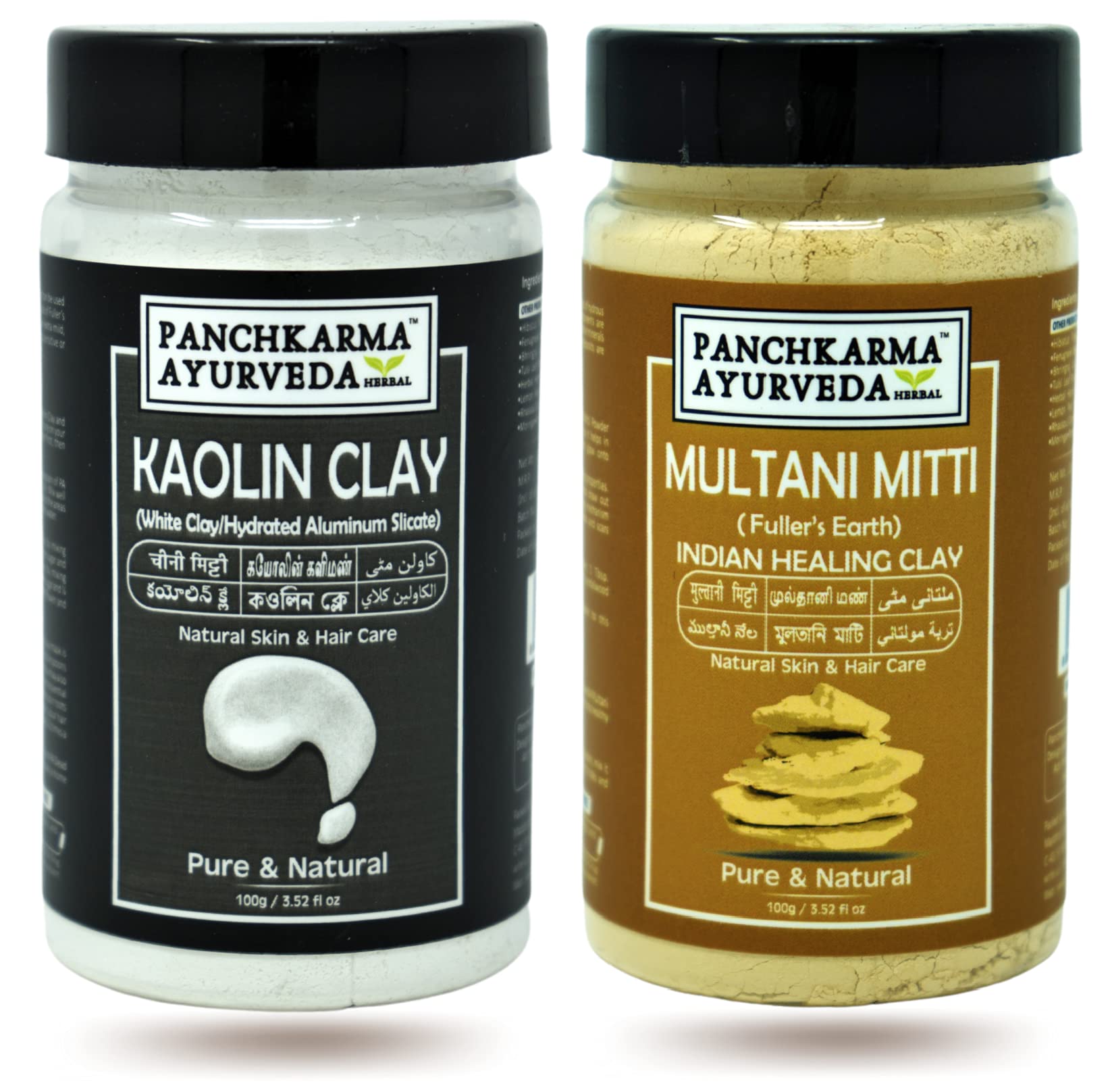 Panchkarma Ayurveda Herbal & Natural Kaolin Clay Powder 100g & Multani Mitti Powder 100g (2-Pack, 200g) for Face Mask, Skin Detox & Glowing Complexion