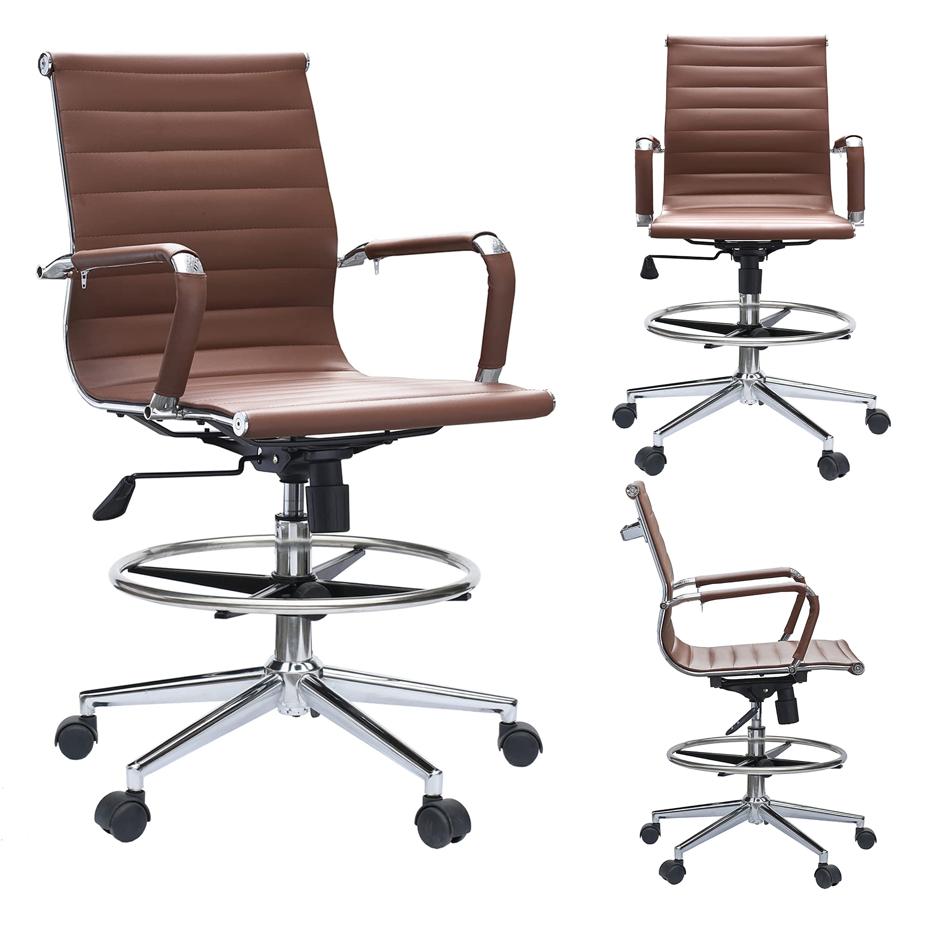 2xhome Modern Ergonomic PU Leather Mid Back Office Chair with Chrome Armrests, Footrest & Tilt Function - Rolling Swivel Chair for Home Office, Drafting Desk & Computer Workstation (Brown)