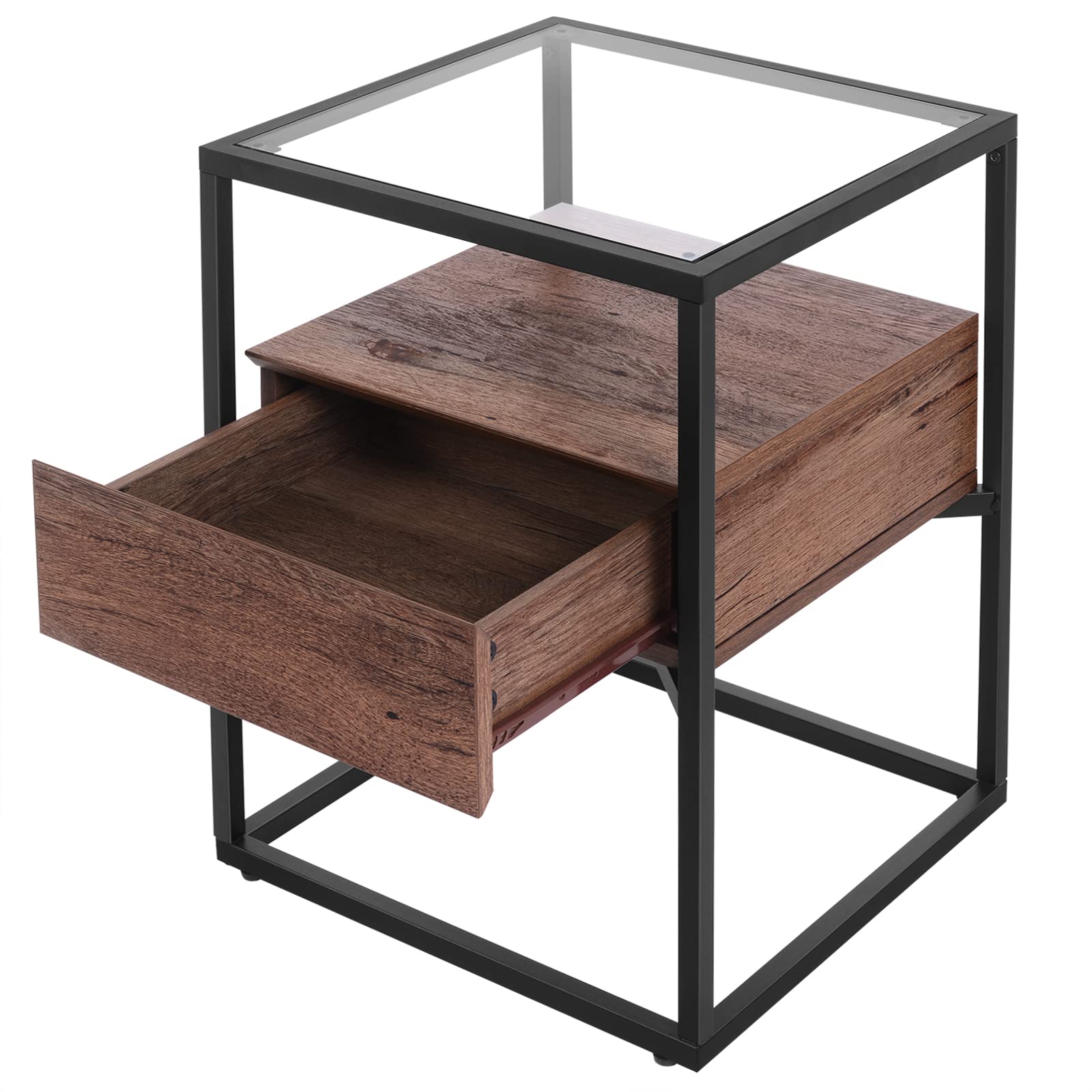 VASAGLE Tempered Glass Side Table with Drawer and Storage Shelves, Nightstand for Bedroom & Living Room, Modern End Table, Hazelnut Brown & Black ULET004G01 - Perfect for Small Spaces, Apartment Decor, and Coffee Table Alternative
