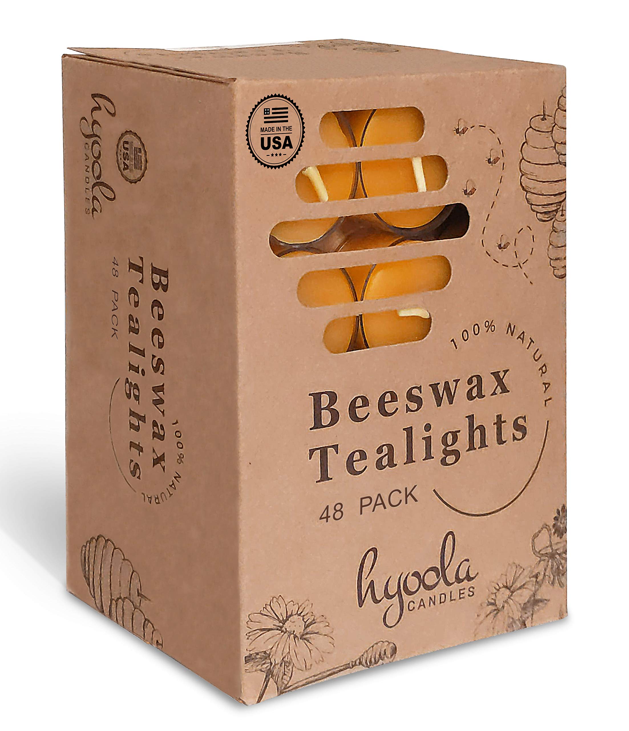 Hyoola Pure Beeswax Tea Light Candles - Handmade Unscented Decorative Tealights with 4 Hour Burn Time in Clear Cups (Pack of 48) - Perfect for Romantic Dinners, Spa Relaxation & Home Decor