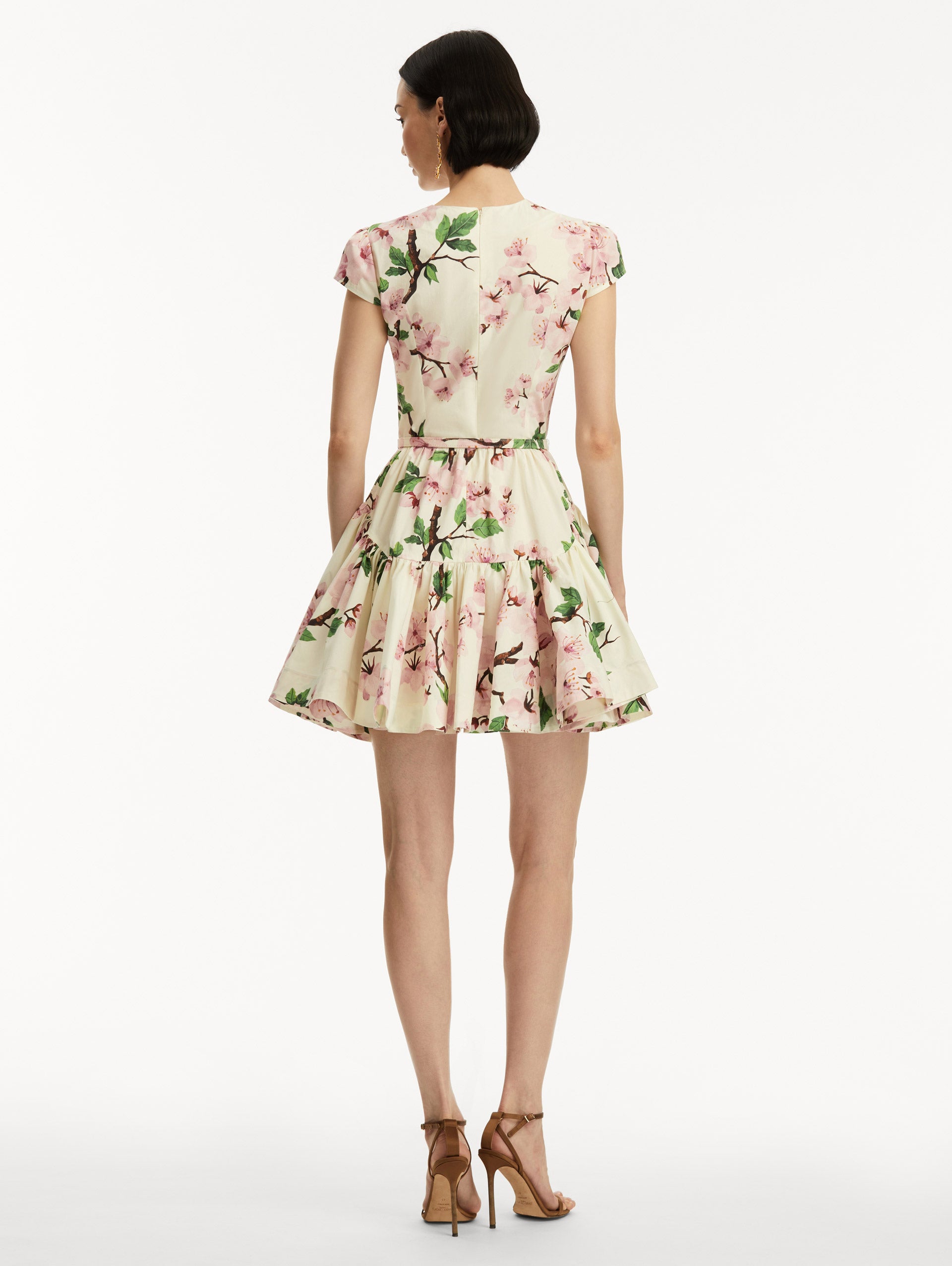 Cherry Blossom Floral Cotton Poplin Mini Dress - Women's Spring Summer Casual Short Sleeve A-Line Dress for Garden Party, Date Night & Vacation