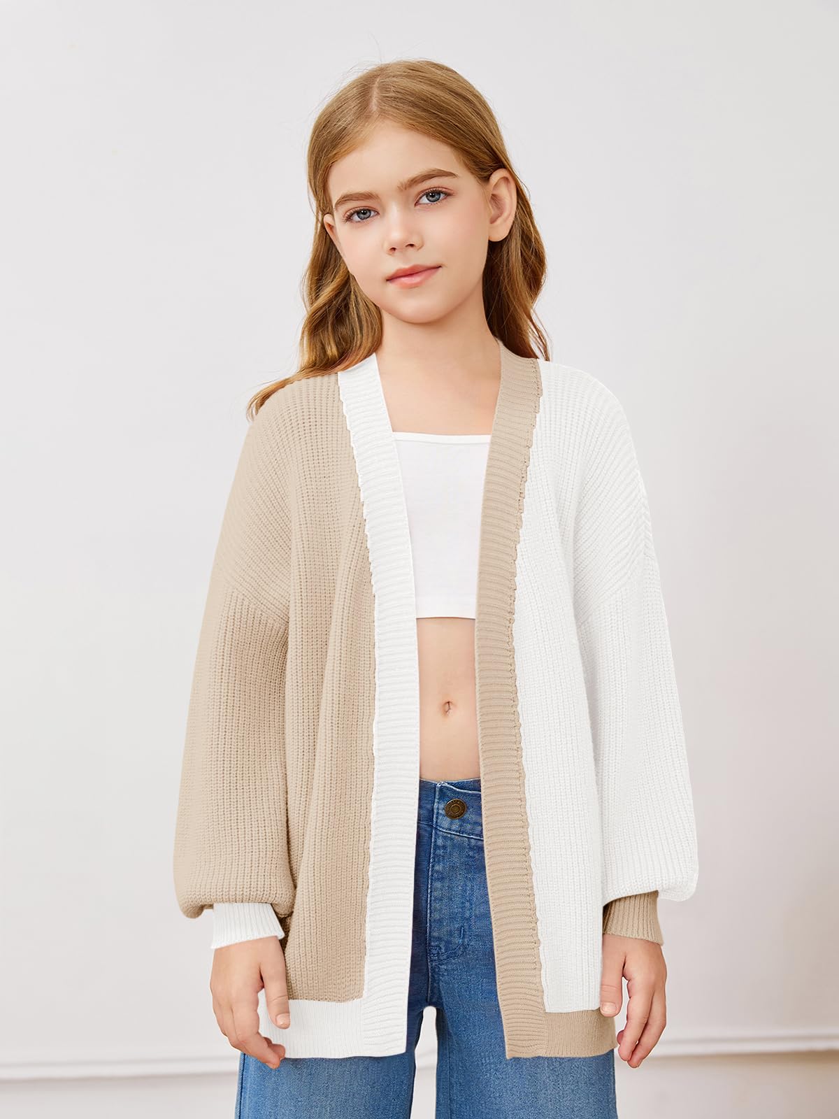 Haloumoning Girls Oversized Batwing Sleeve Cardigan Sweater - Kids Fashion Open Front Color Block Outerwear for School, Playdates & Casual Wear