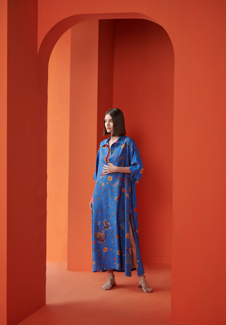 Kasturi Shirt Dress - Premium Muga Satin Cobalt Blue - Elegant Office Wear & Casual Outfit for Women