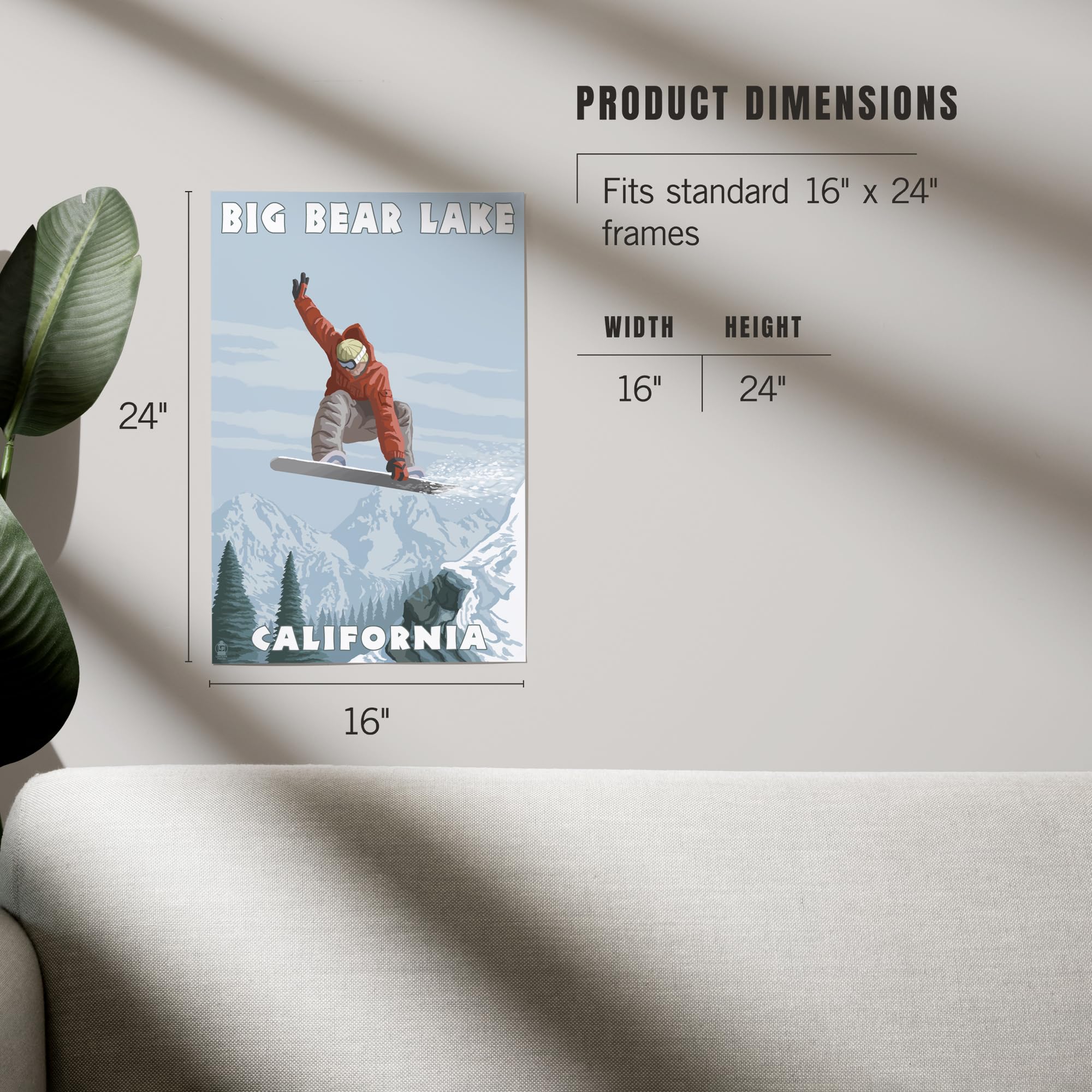 Lantern Press 16x24 Inch Giclee Art Print - Big Bear Lake California Snowboarder Jumping Action - Wall Decor for Living Room, Bedroom & Office