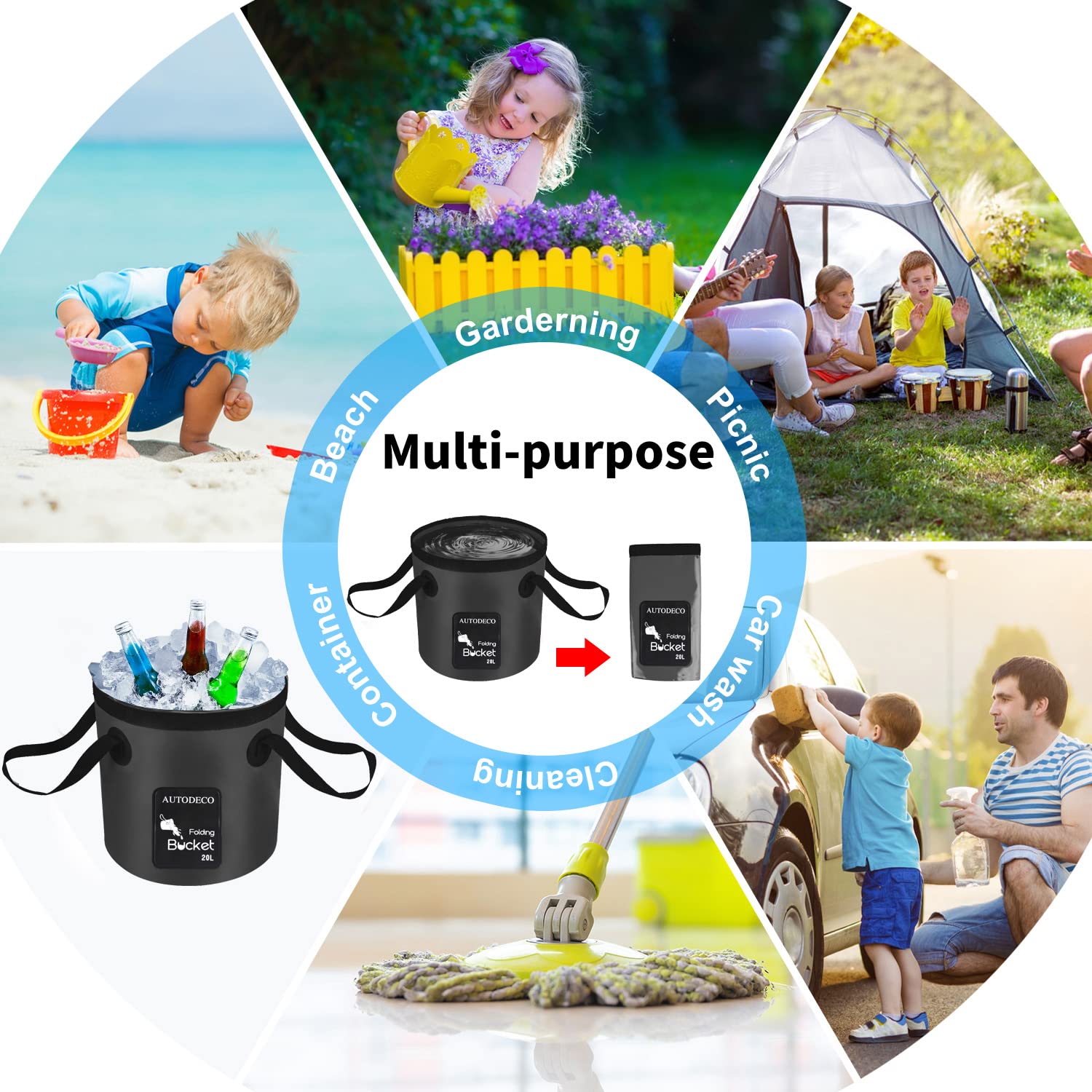 5 Gallon AUTODECO Collapsible Bucket - Portable Folding Water Container & Wash Basin for Camping, Car Washing, and Outdoor Activities