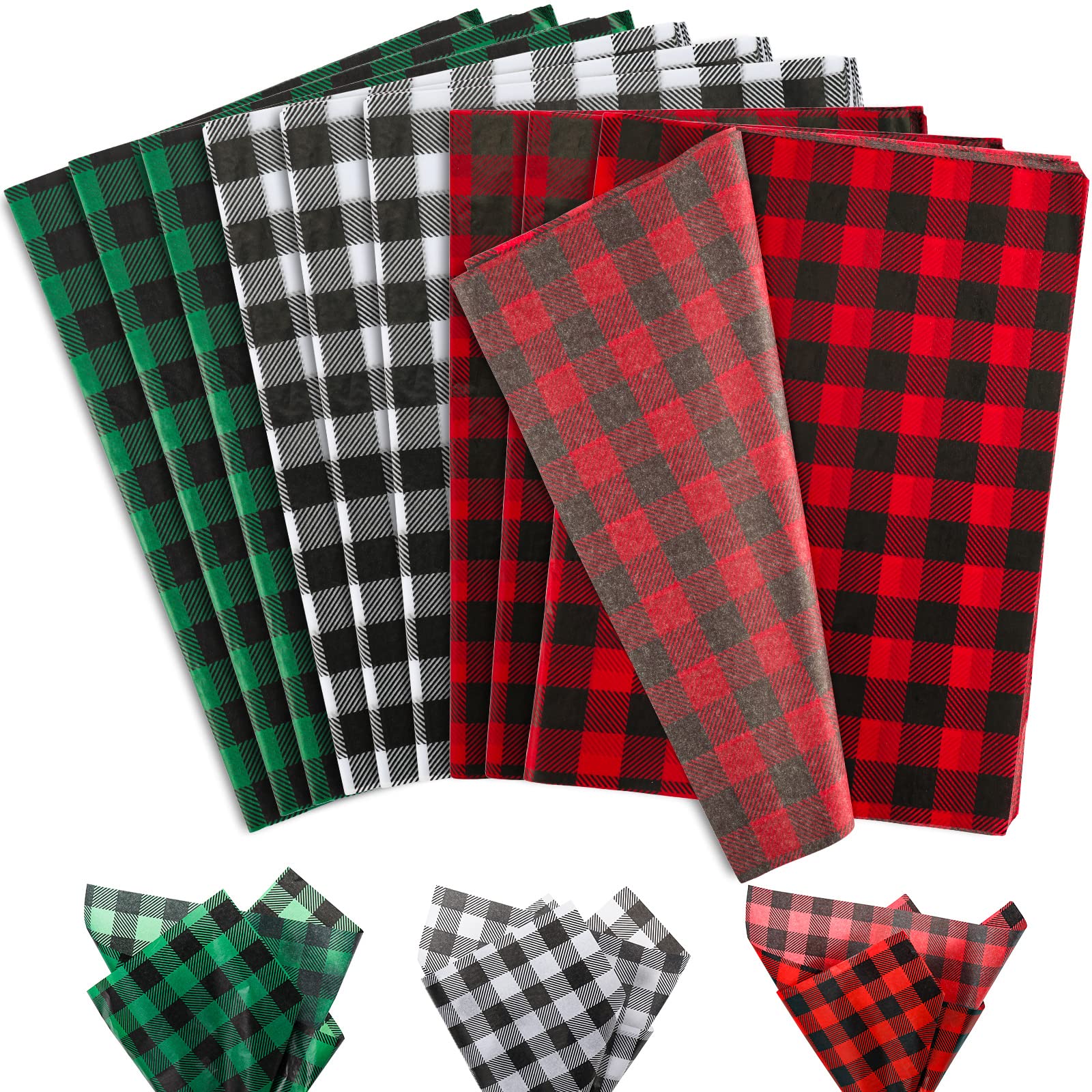 Whaline 120-Sheet Christmas Tissue Wrapping Paper - Buffalo Plaid Design in Red, Green, White & Black - 14x20 Inch Rustic Holiday Gift Wrap for DIY Crafts, Gift Bags, Home Decor (Perfect for Christmas Presents, New Year Party Decorations & Seasonal Craft Projects)