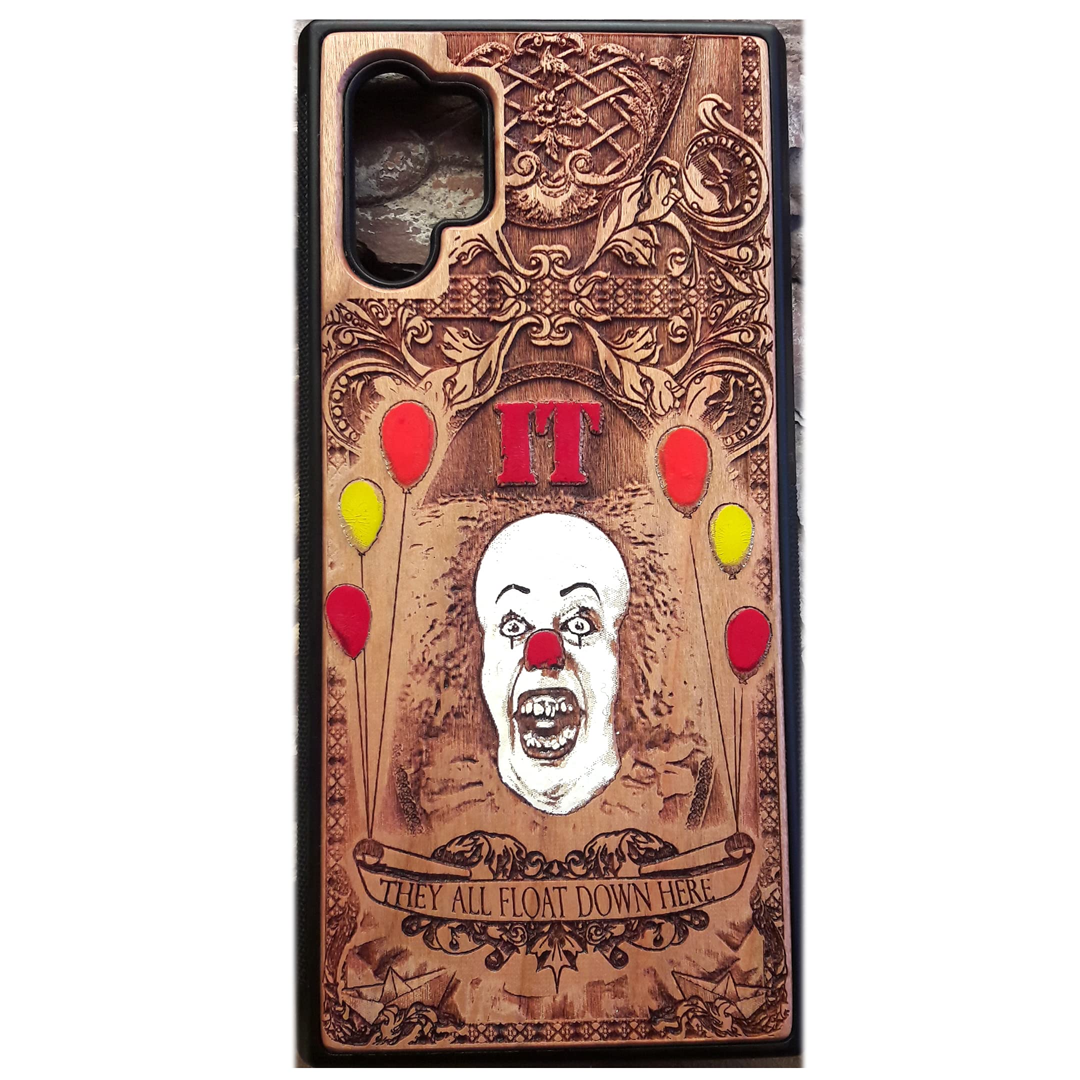 Hand-Painted IT Clown Laser Engraved Wooden Phone Case for iPhone 16/15/14/13/12/11 Pro Max/Mini & Samsung Galaxy S25/S24/S23/S22/S21/S20 Ultra Plus - Eco-Friendly Slim Durable Wood Cover - Perfect for Horror Fans, Halloween Costumes & Unique Gifts