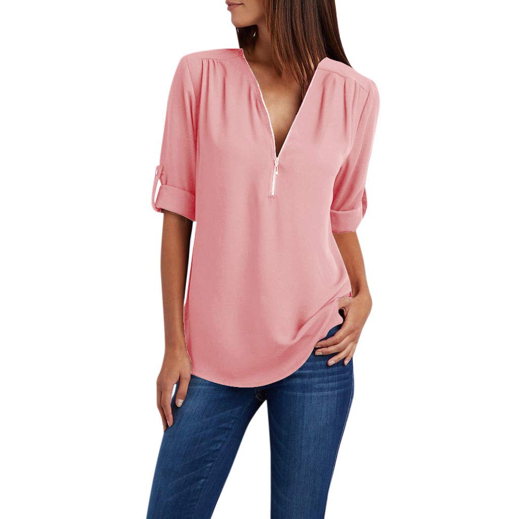 Women's Fashion Chiffon Tops - V-Neck Zipper Pullover Tees with Long Sleeves & Button Details | Casual Blouses for Work, Dating & Everyday Wear