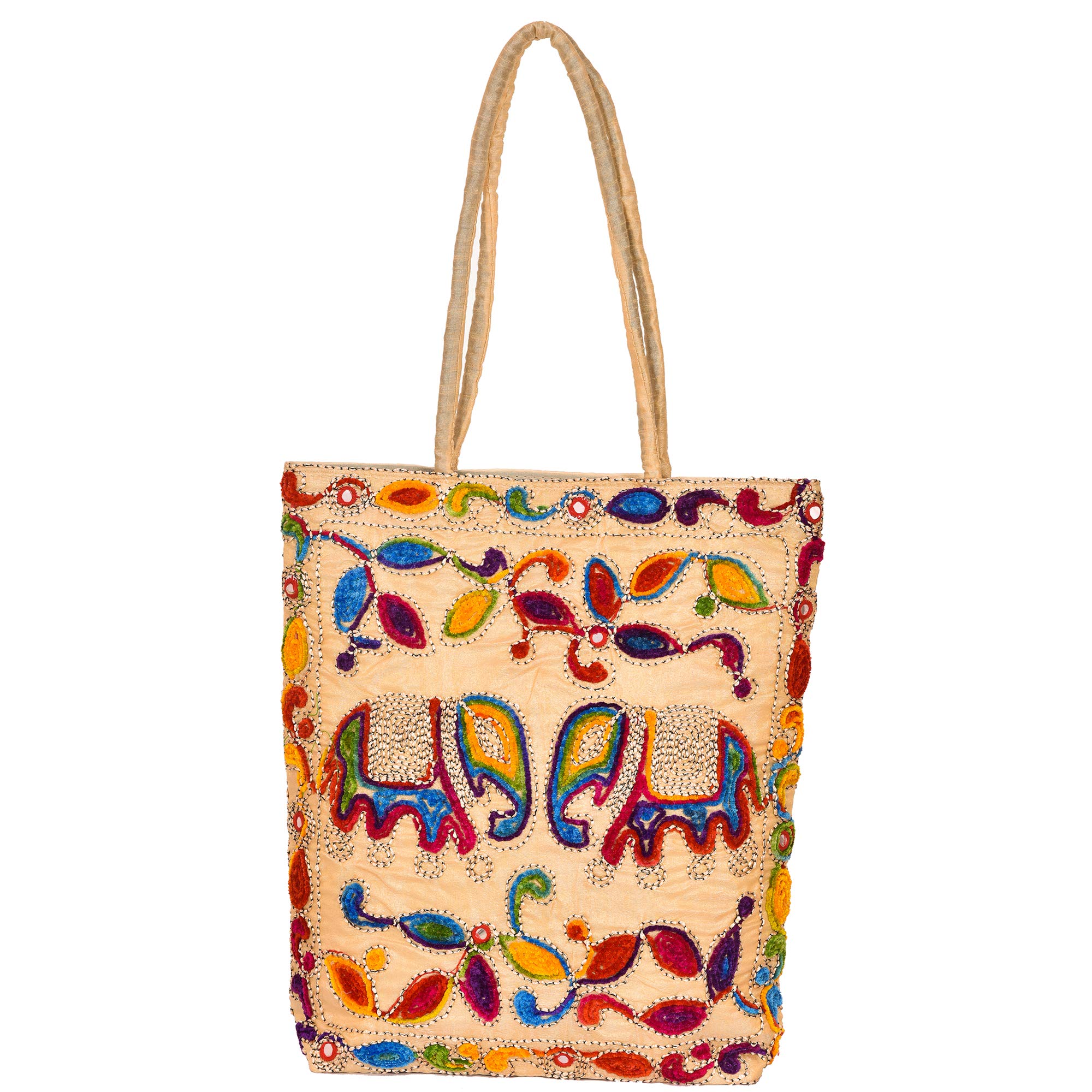 Stylish Rajasthani Ethnic Mirror Work Cotton Tote Bag for Women - Large Zippered Shoulder Bag with Embroidery for Grocery Shopping, Travel & Beach - Perfect Boho Fashion Accessory & Everyday Carryall