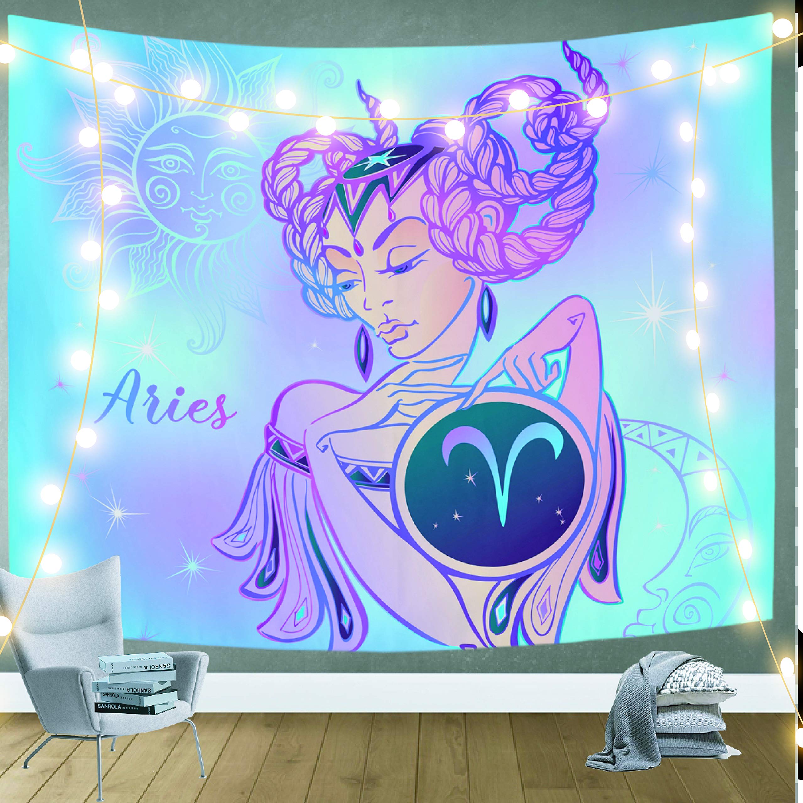 Aries Zodiac Tapestry Wall Hanging - 90x60 Inch Large Bohemian Bedroom Decor for Living Room, Dorm, or Meditation Space - Perfect for Wall Art, Room Dividers, and Festival Backdrops