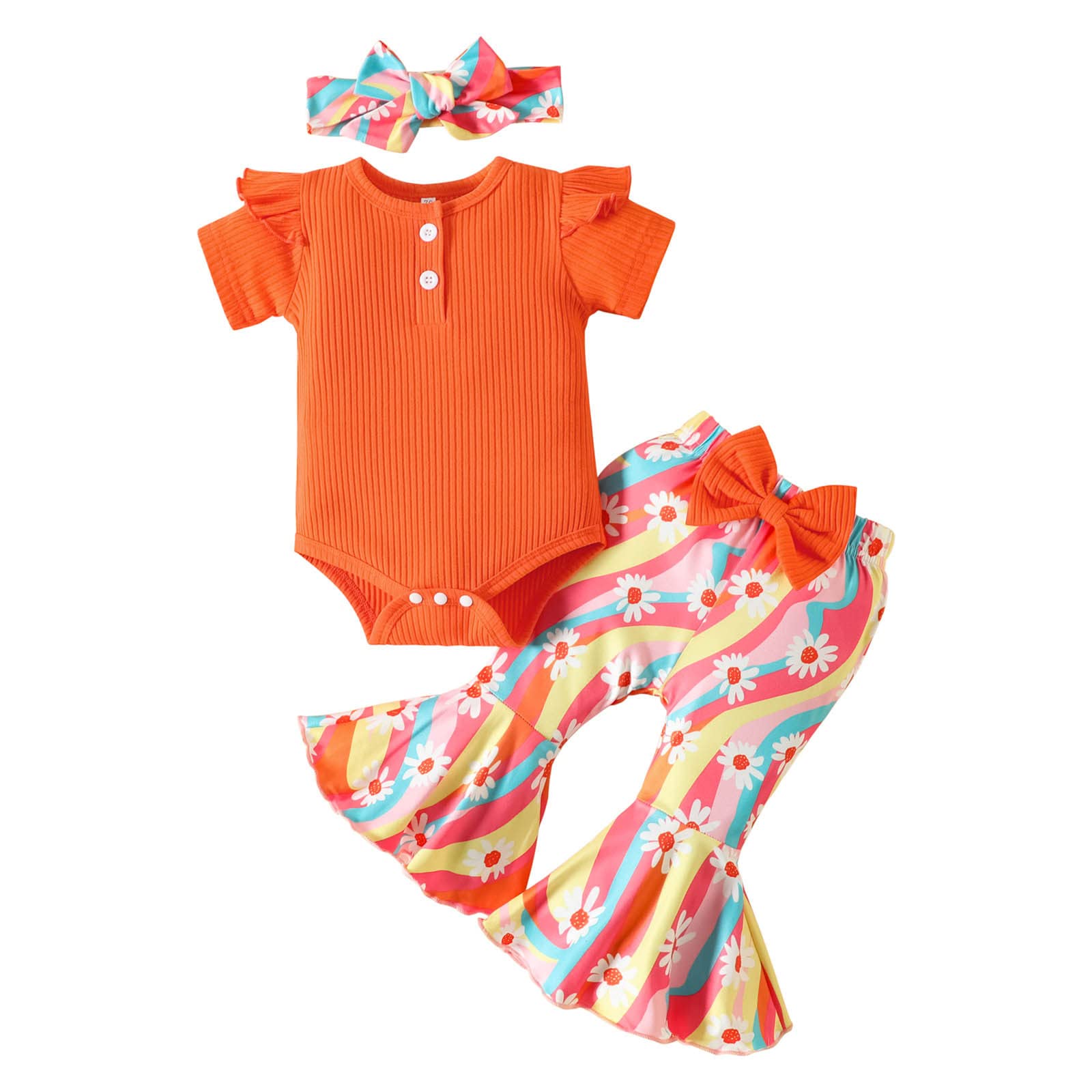 **Cute Baby Girl Bell Bottom Outfit Set - Toddler Romper with Flower Print & Headband - Perfect for Birthday, Photo Shoots & Special Occasions**