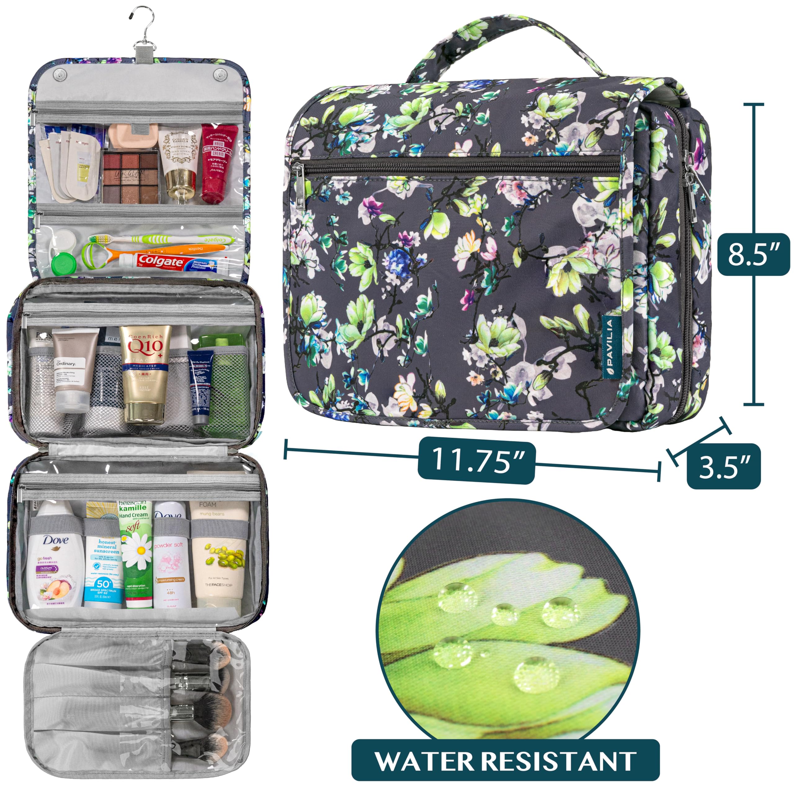 PAVILIA Hanging Toiletry Bag for Women & Men - Foldable Water-Resistant Cosmetic Organizer, Large Travel Makeup Bag with Multiple Pockets - Perfect for Camping, Gym, Business Trips & Vacation Essentials (Grey Floral)