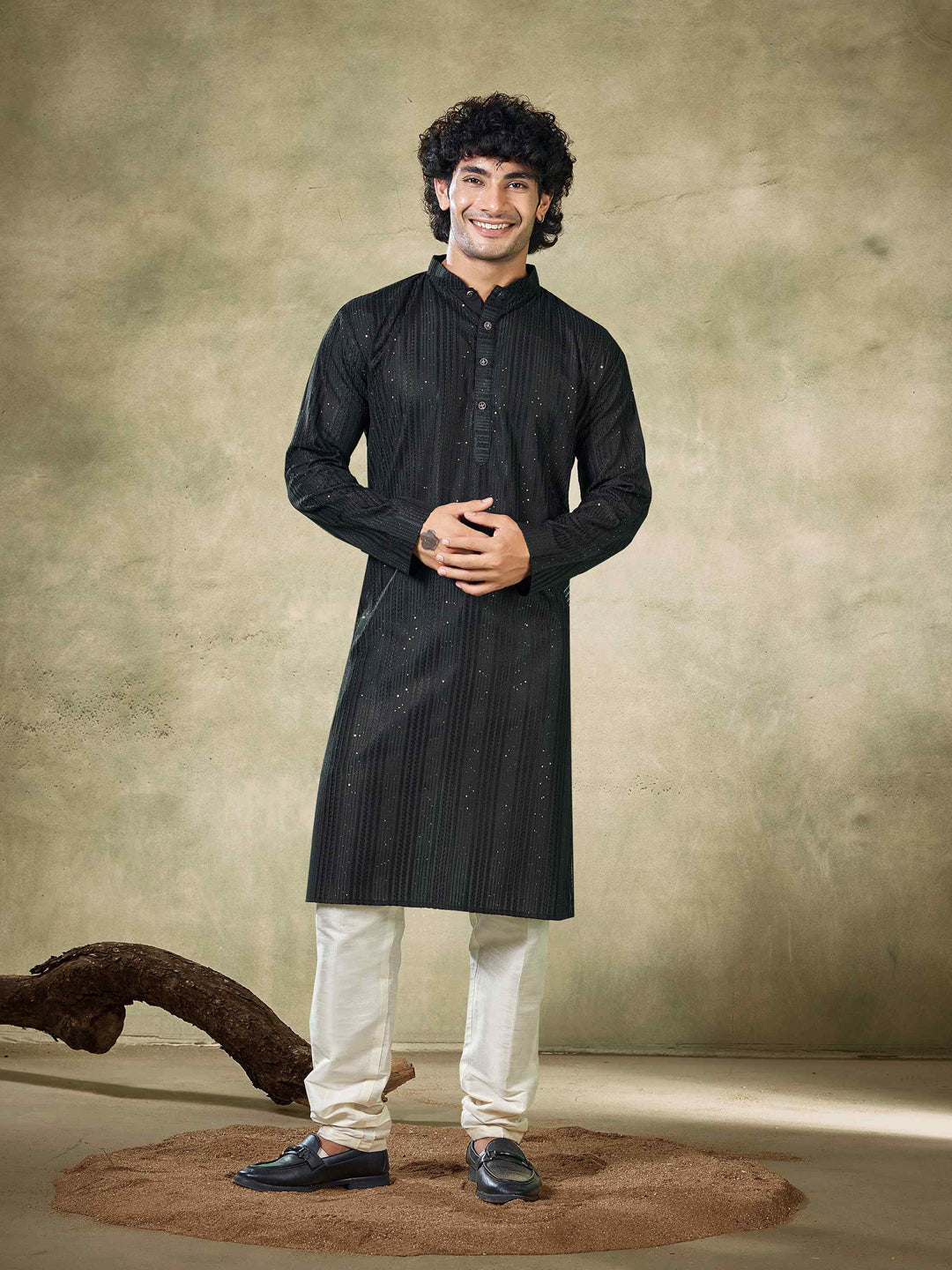 Stylish Black Men's Kurta Pajama Set with Designer Sequins Embroidery - Traditional Indian Ethnic Wear for Weddings, Festivals & Special Occasions