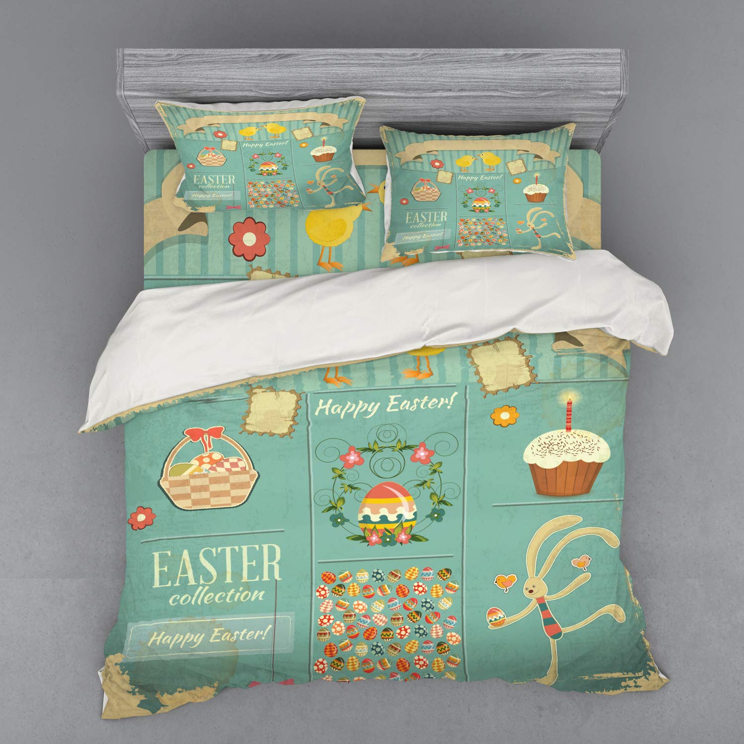 Ambesonne Easter Duvet Cover Set - King Size 4-Piece Bedding with Rabbit, Eggs, Cupcake & Basket Spring Design - Includes Shams & Fitted Sheet - Perfect for Easter Decor & Spring Bedroom Refresh - Multicolor