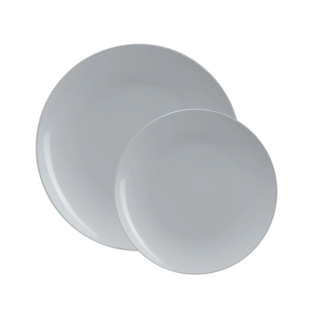 Grey and Silver Rim Round Plastic Plates - Eco-Friendly Disposable Dinnerware for Parties, Picnics, and Outdoor Events