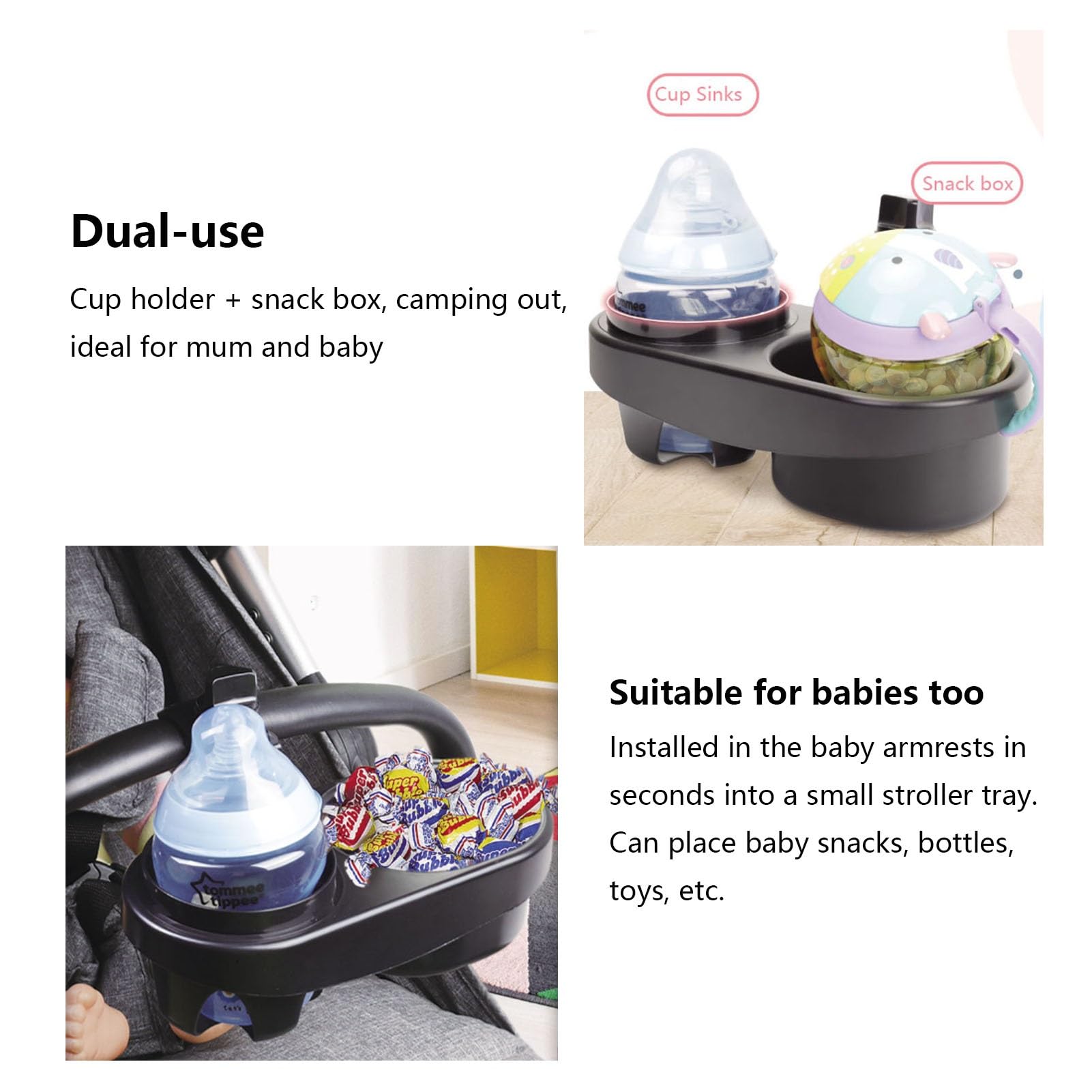 2-in-1 Universal Stroller Snack Tray with Dual Cup Holder - Removable Clip-On Snack Collector & Drink Holder for Baby Strollers | Perfect for Snack Time, Park Outings & Travel Accessories