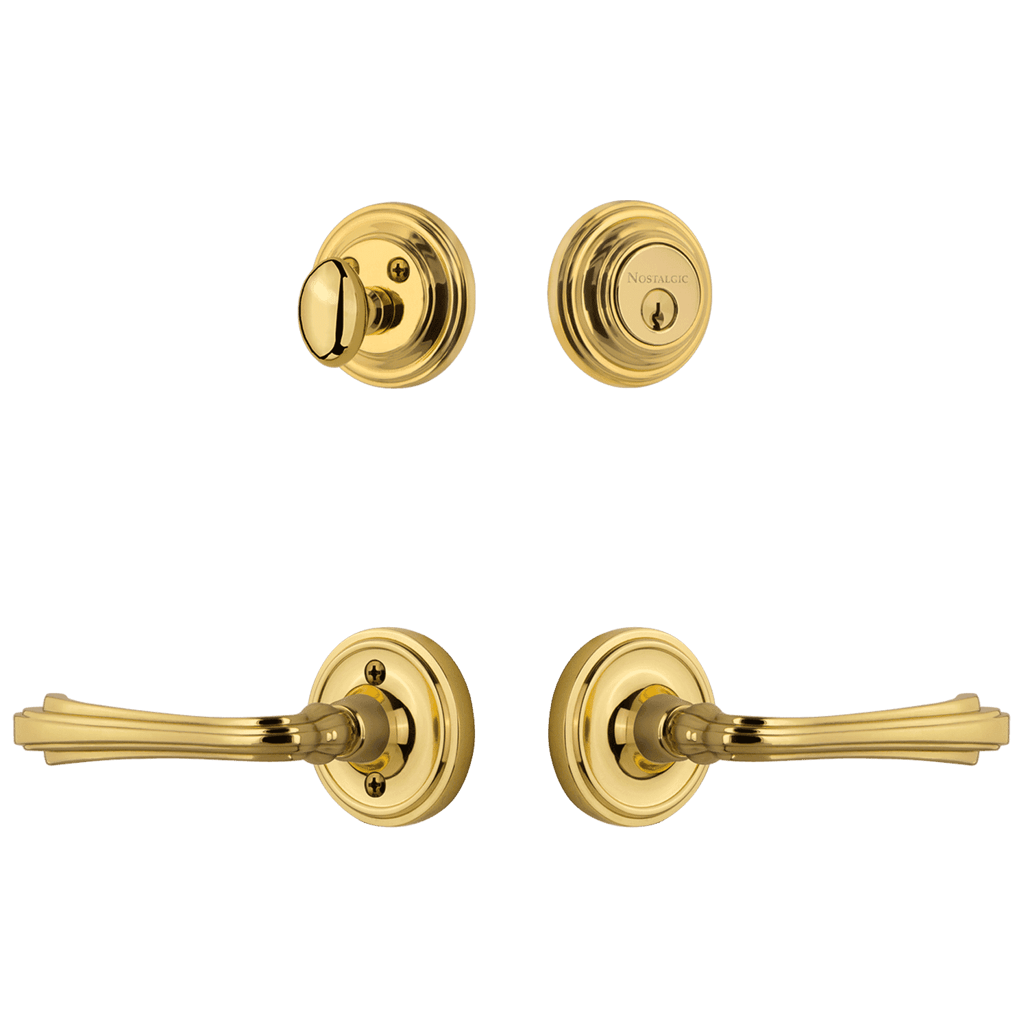 Classic Rosette Entry Set with Fleur Lever in Unlacquered Brass - Vintage Style Door Hardware for Home Decor & Interior Design | Perfect for Traditional Houses, Renovations & DIY Projects