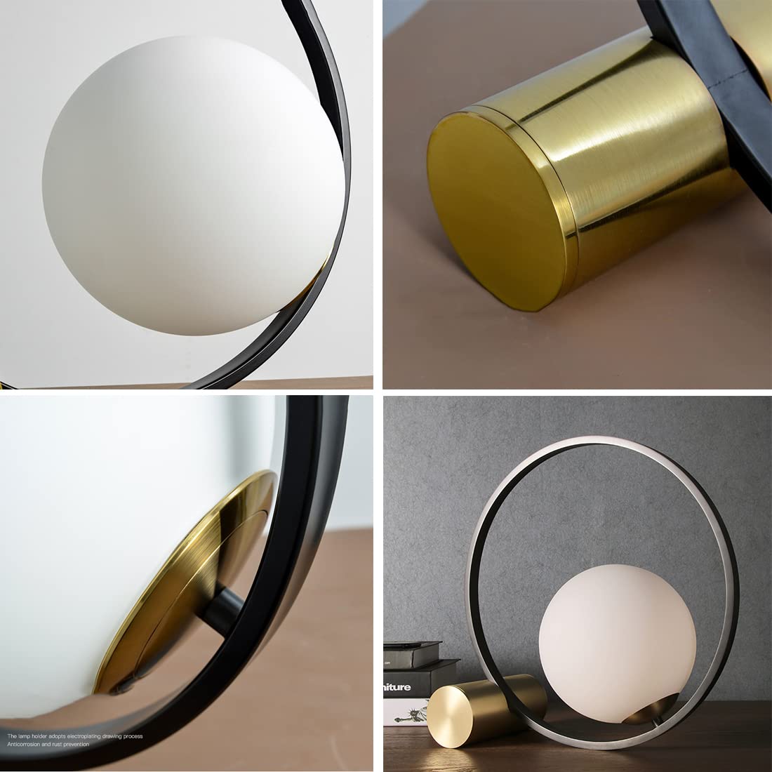 Mid Century Modern Desk Lamp with Glass Globe & Gold Metal Ring - Adjustable Reading Light for Bedroom, Office & Study - Plug in Nightstand Lamp for Cozy Workspaces & Relaxing Evenings
