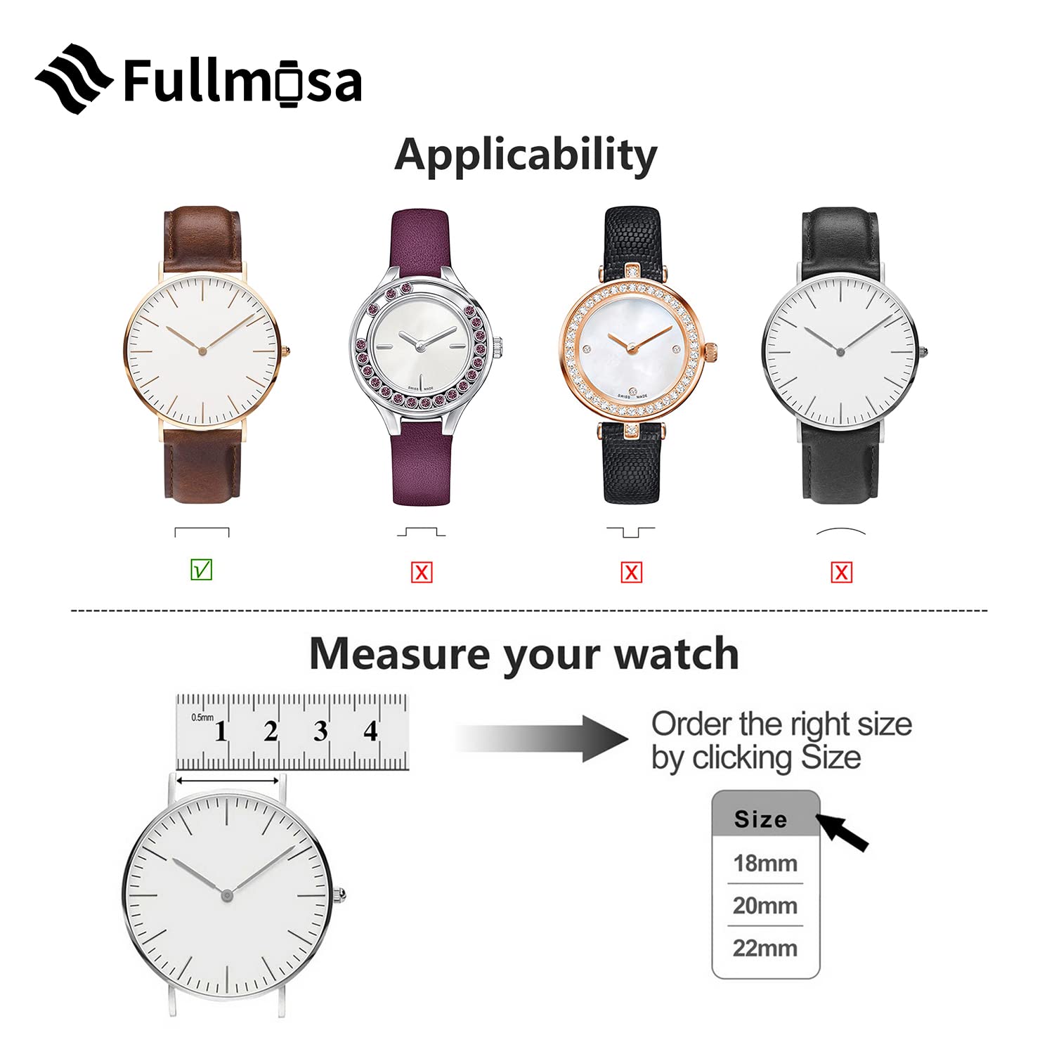 Fullmosa Quick Release Leather Watch Band 22mm 20mm 18mm - Burnished Strap Compatible with Samsung Galaxy Watch/Garmin Watch - Perfect for Business, Casual & Everyday Wear