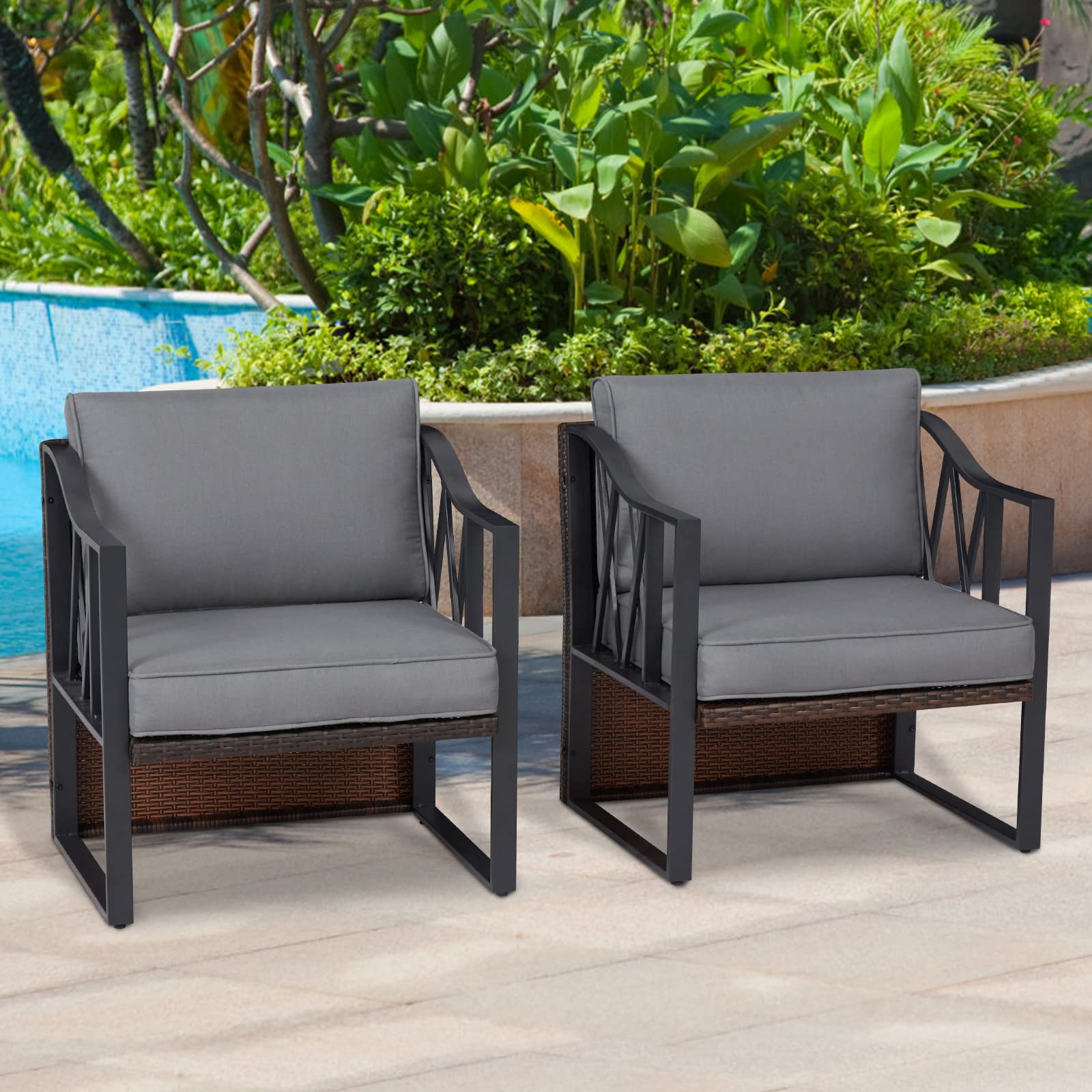 Kinsunny 2-Piece Outdoor Wicker Furniture Set - Patio Rattan Armchairs with Gray Cushions for Garden, Lawn, Poolside, Backyard & Porch - Perfect for Relaxing, Sunbathing & Outdoor Entertaining