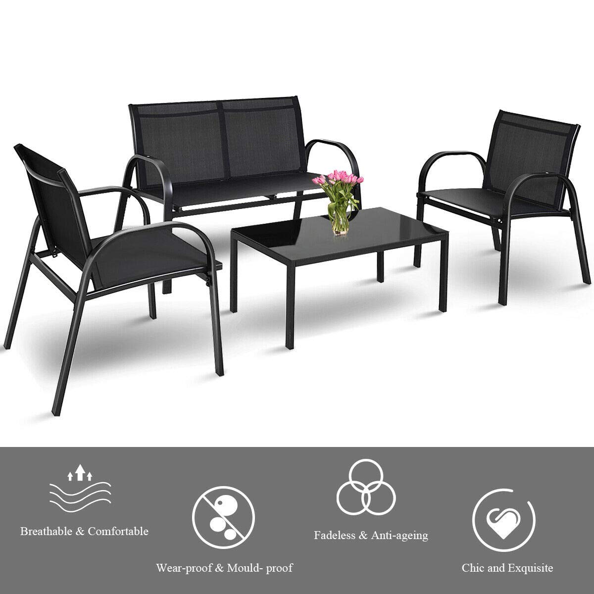 Casart 4-Piece Patio Furniture Set with Tempered Glass Coffee Table & Loveseat - Outdoor Garden & Yard Conversation Set - Perfect for Backyard Relaxation, Poolside Lounging & Outdoor Entertaining