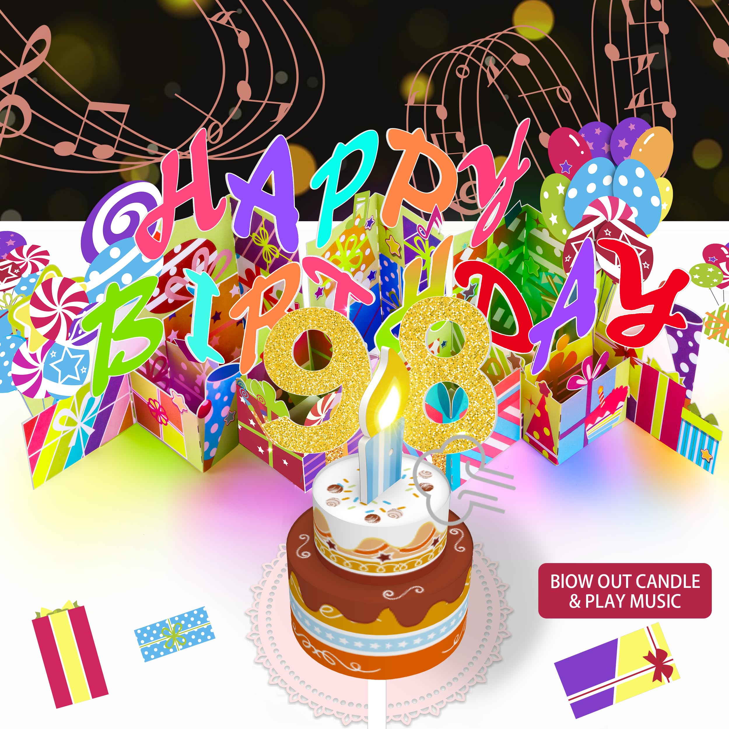 Gumry 98th Birthday Musical Pop-Up Card - 3D Greeting Card with Blowable Colorful LED Candle, Birthday Song & Applause Sounds - Perfect Gift for 98 Year Old Women & Men - Great for Milestone Celebrations, Surprise Parties & Special Occasion Decorations