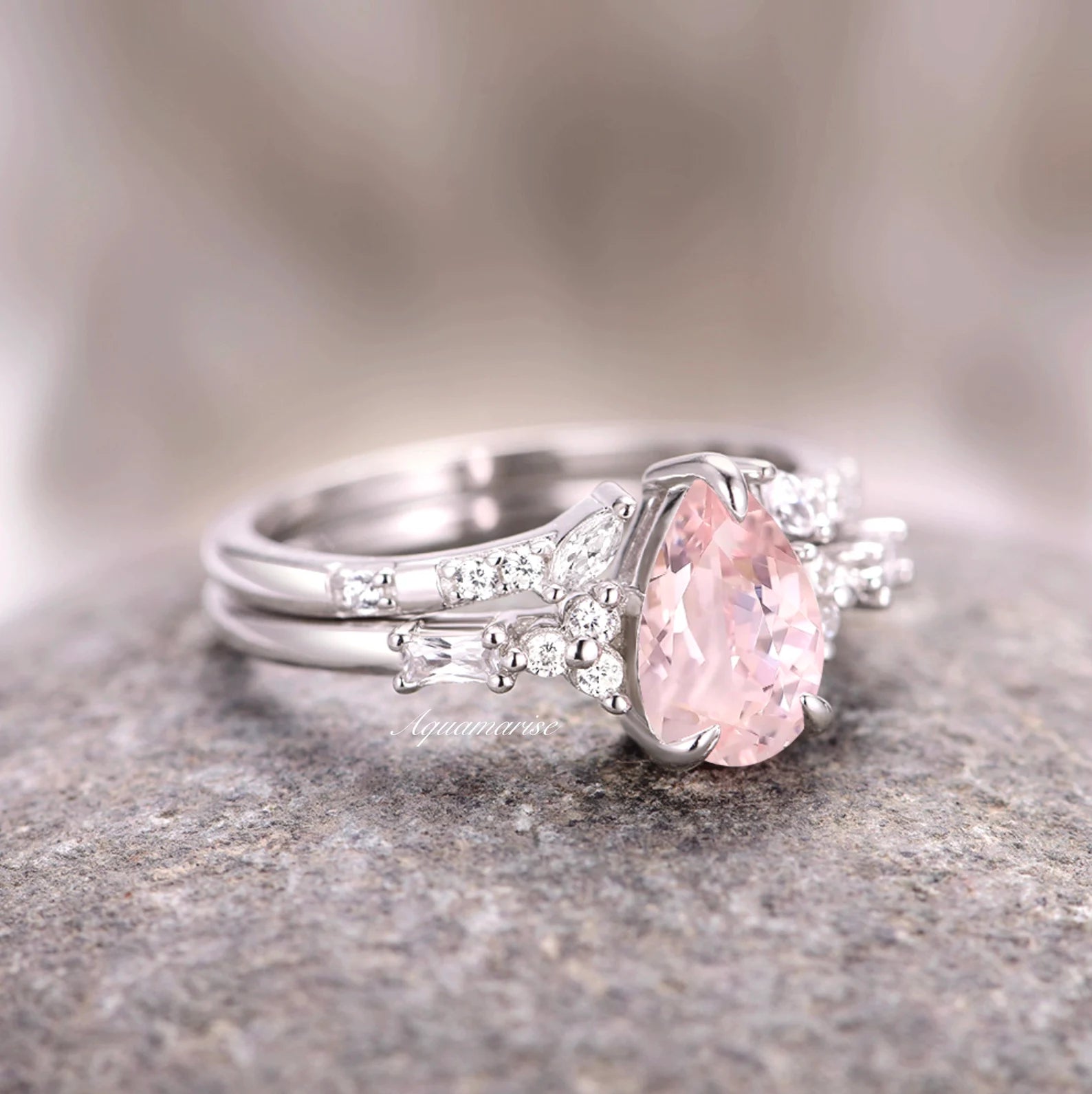 Elegant Teardrop Morganite Couples Ring - 925 Sterling Silver Matching Wedding Bands for Her & Him - Perfect for Anniversaries, Engagements & Romantic Gifts