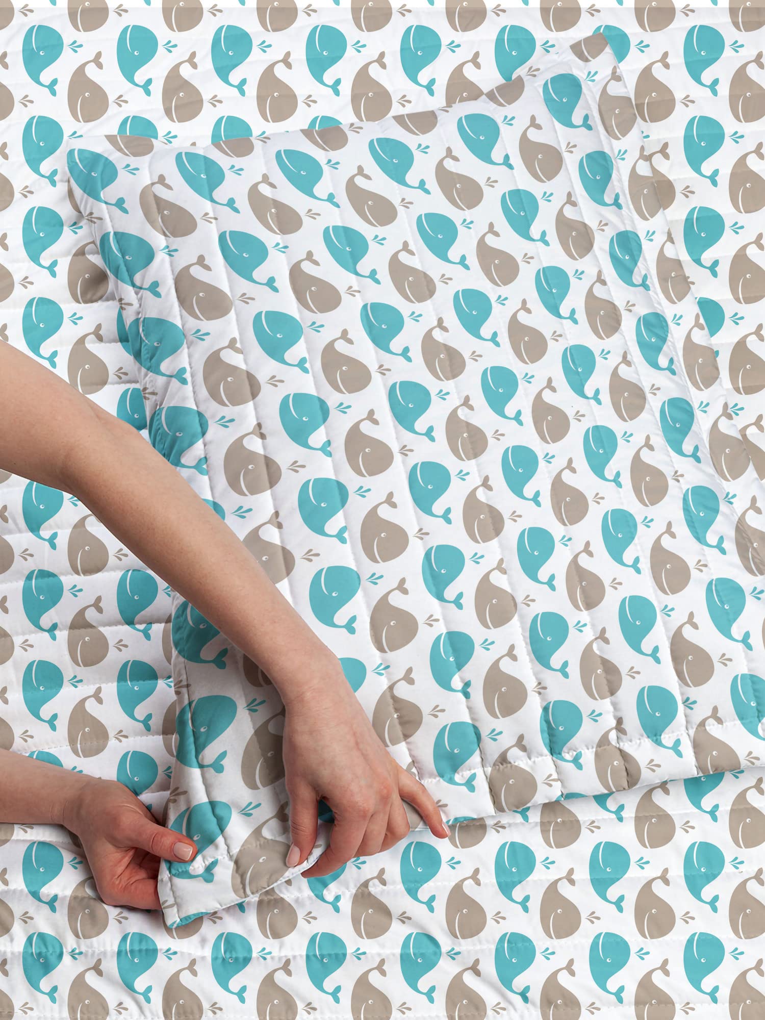 Ambesonne Sea Animals Microfiber Bedspread Set - King Size Tan Turquoise White | Soft Cartoon Whale Pattern Bedding with Pillow Shams & Comforter | Perfect for Kids' Rooms, Beach Themed Decor & Cozy Bedroom Makeovers