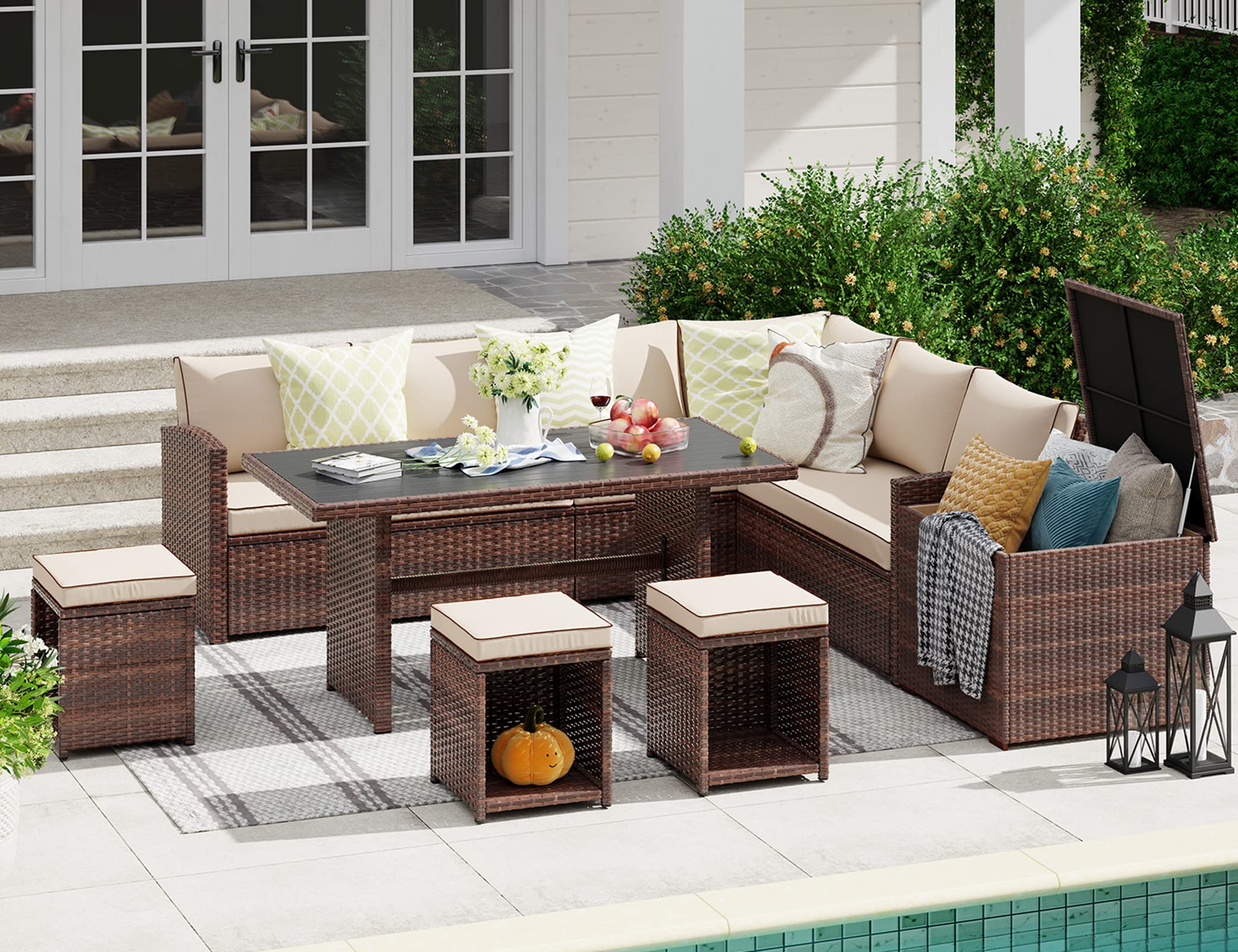JOIVI 8-Piece Outdoor Patio Furniture Set - All-Weather Wicker Sectional Sofa with Storage Box, Aluminum Dining Table & Beige Cushions - Perfect for Backyard, Garden, Poolside & Outdoor Entertaining