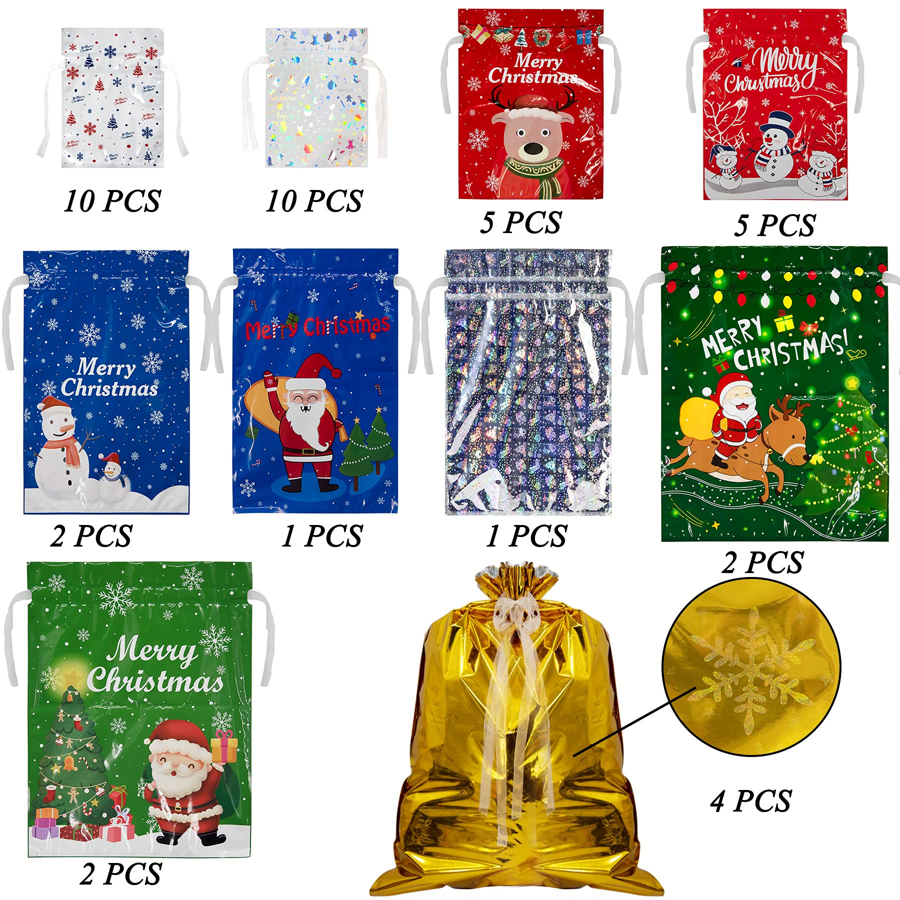 BQTQ 42 Pcs Christmas Drawstring Gift Bags - 10 Festive Designs & 5 Sizes for Holiday Wrapping, Party Favors & Treats - Perfect for Christmas Parties, Gift Exchanges & Stocking Stuffers