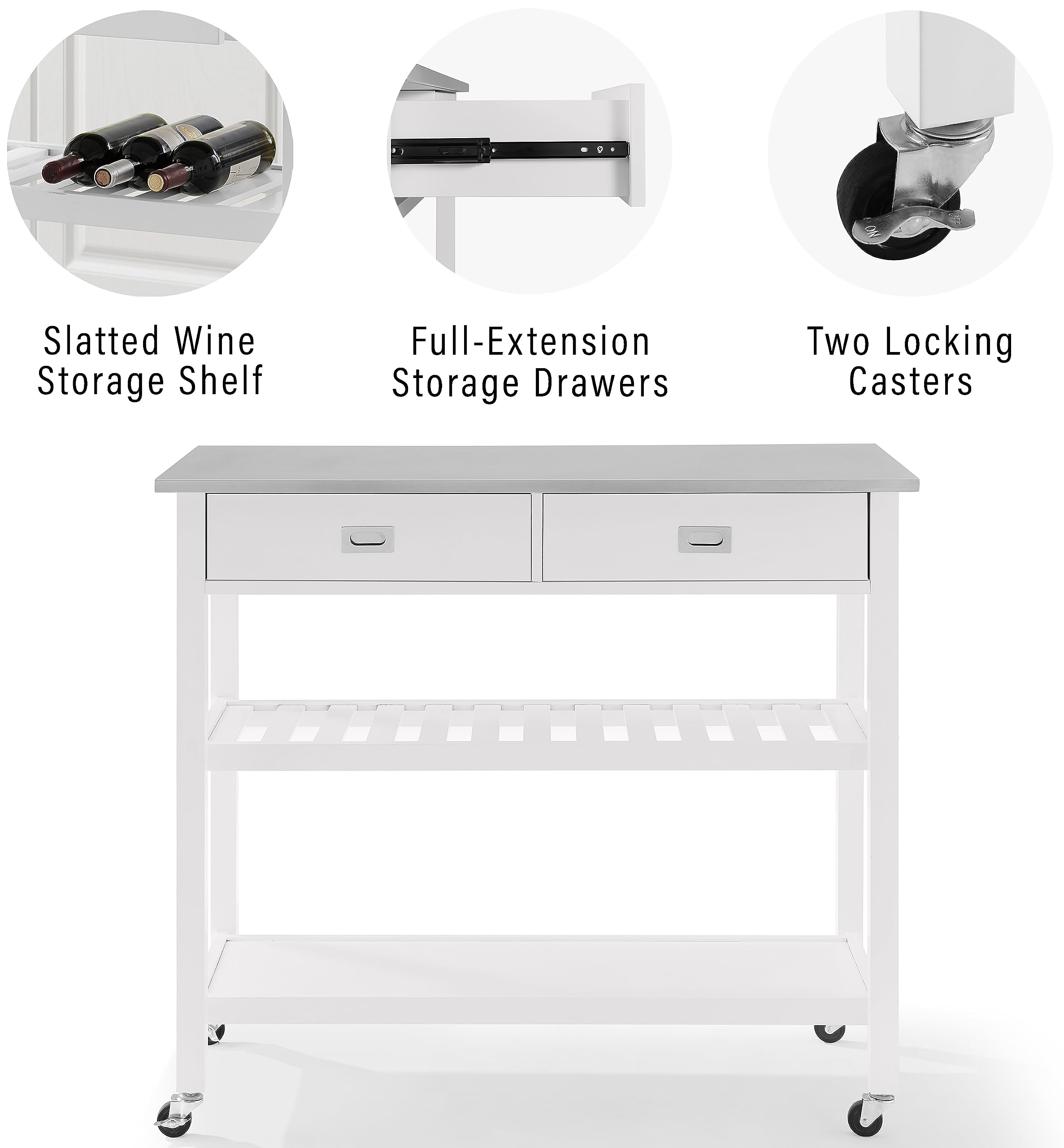 Crosley Chloe Stainless Steel Top Rolling Kitchen Island Cart with Storage - White | Microwave Stand, Wine Rack & Mobile Workstation for Small Kitchens, Apartments & Dining Areas