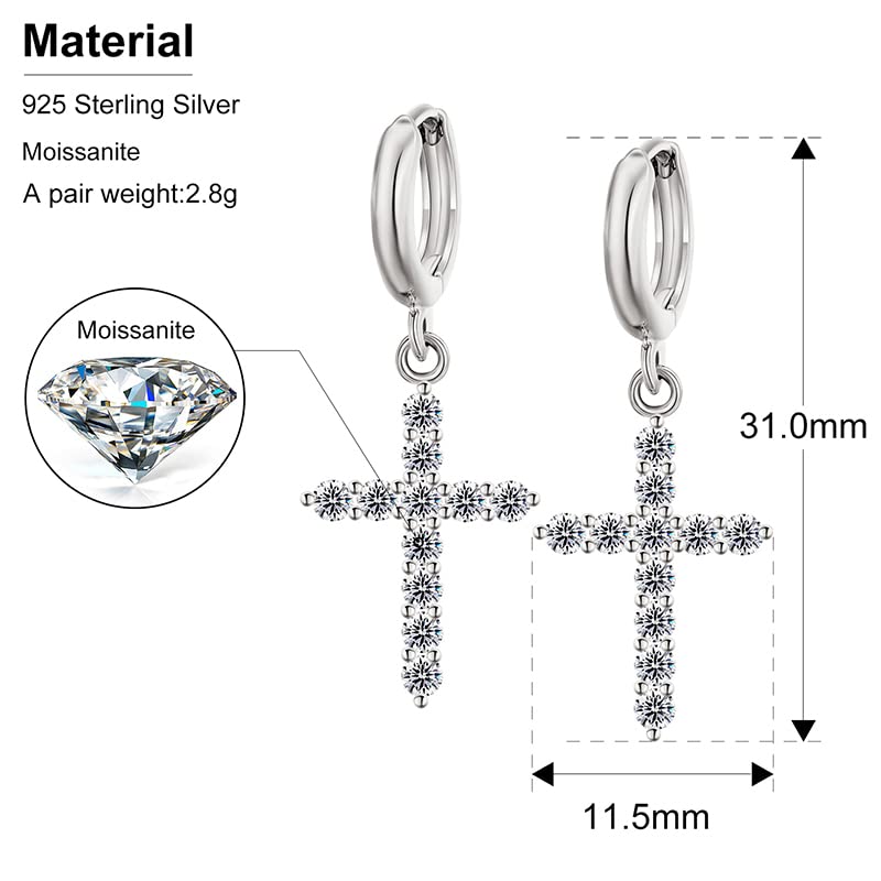 Exquisite S925 Sterling Silver Moissanite Cross Earrings for Women - Religious Pierced Ear Studs, Hypoallergenic Fine Jewelry for Party, Wedding & Daily Wear (Gold Light Box Gem Color)