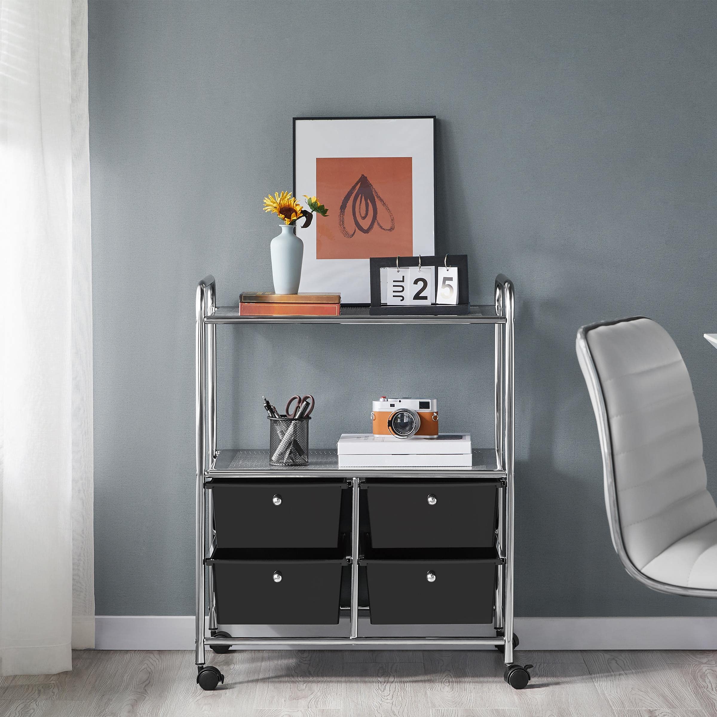 Topeakmart 2-Tier Rolling Storage Cart with 4 Drawers - Sturdy Steel Frame & Plastic Shelves - Mobile Organizer for Kitchen, Bathroom, Office, or Garage Storage Solutions