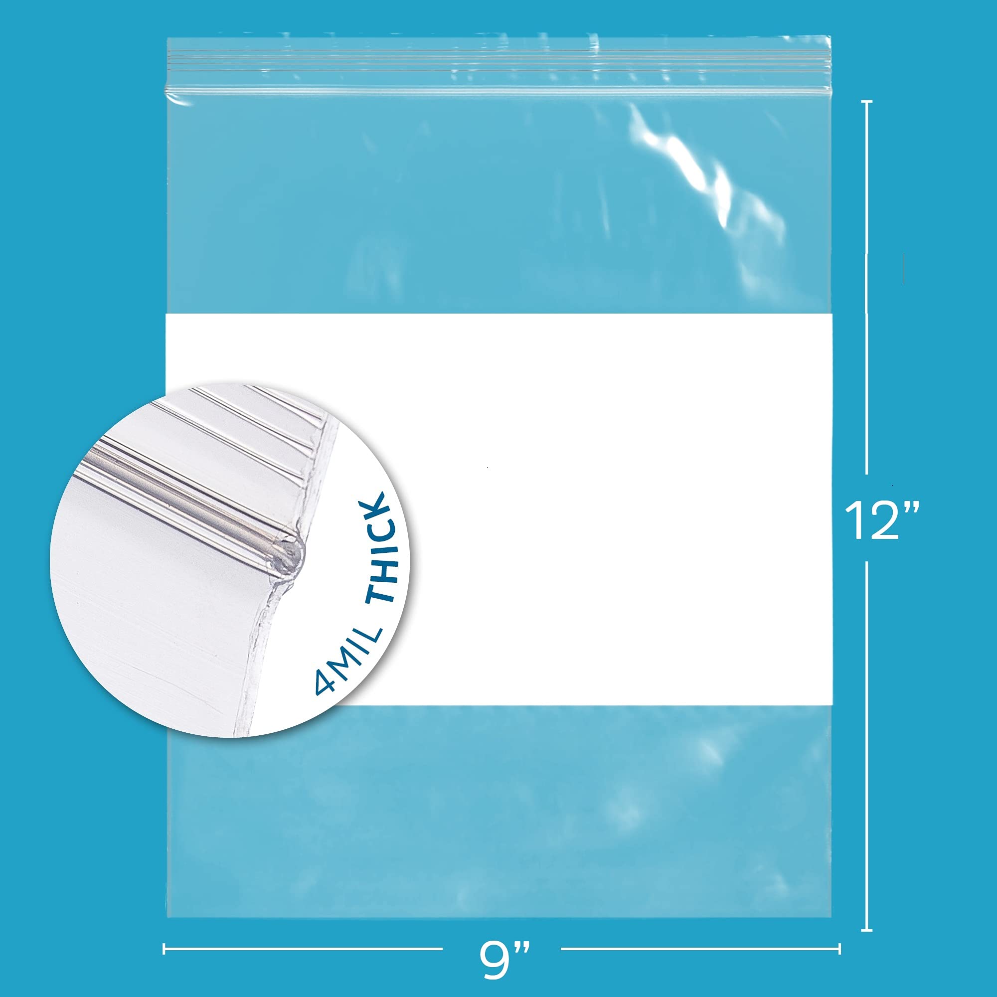 1000 Pack 9x12 Inch 4 Mil Heavy Duty Clear Reclosable Plastic Bags with Write-On Label Block - Strong Resealable Zipper Lock Poly Bags for Food Storage, Organizing & Shipping Supplies