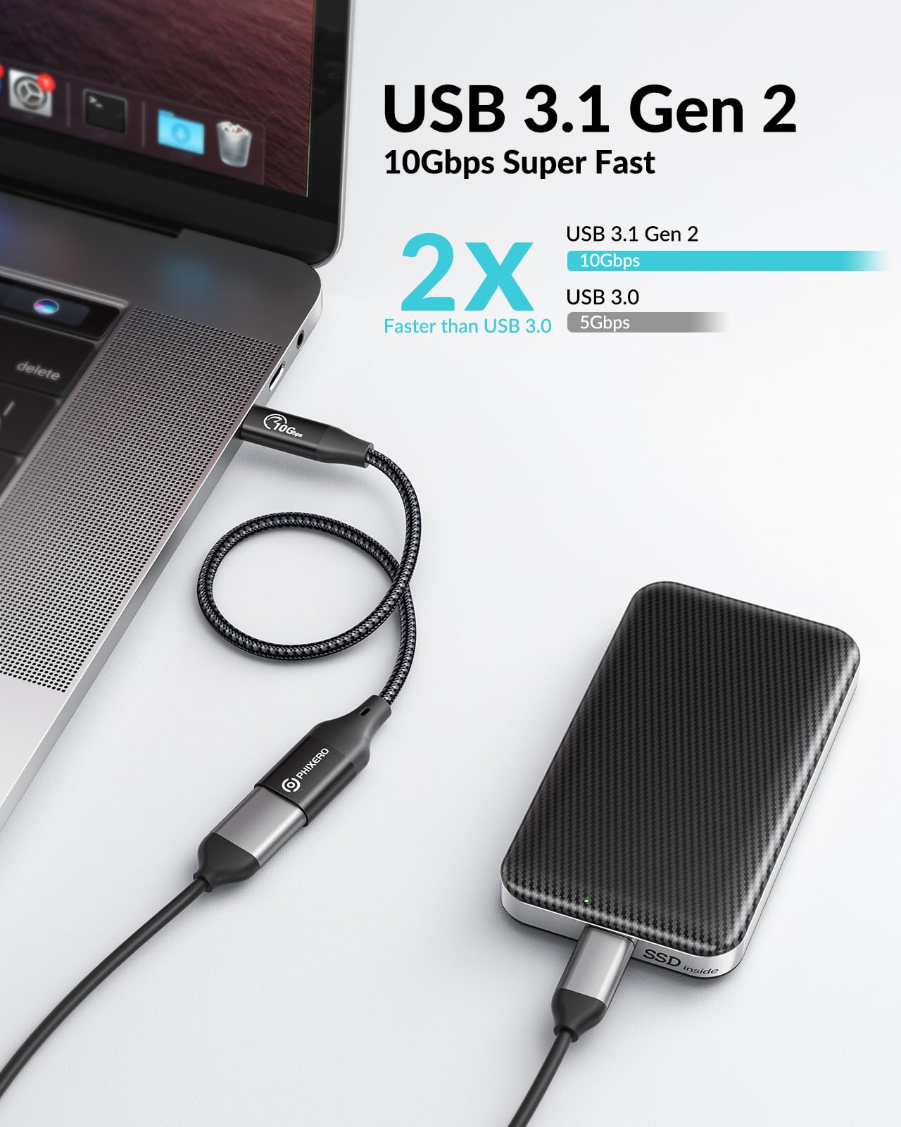 PHIXERO 10Gbps USB C to USB 3.1 Gen 2 Adapter (3.3ft) - USB-C Male to USB-A Female Converter - Type C to USB OTG Cable - Compatible with MacBook Pro/Air, iPad Pro, Samsung Galaxy - Perfect for Data Transfer, Charging & External Storage Connection