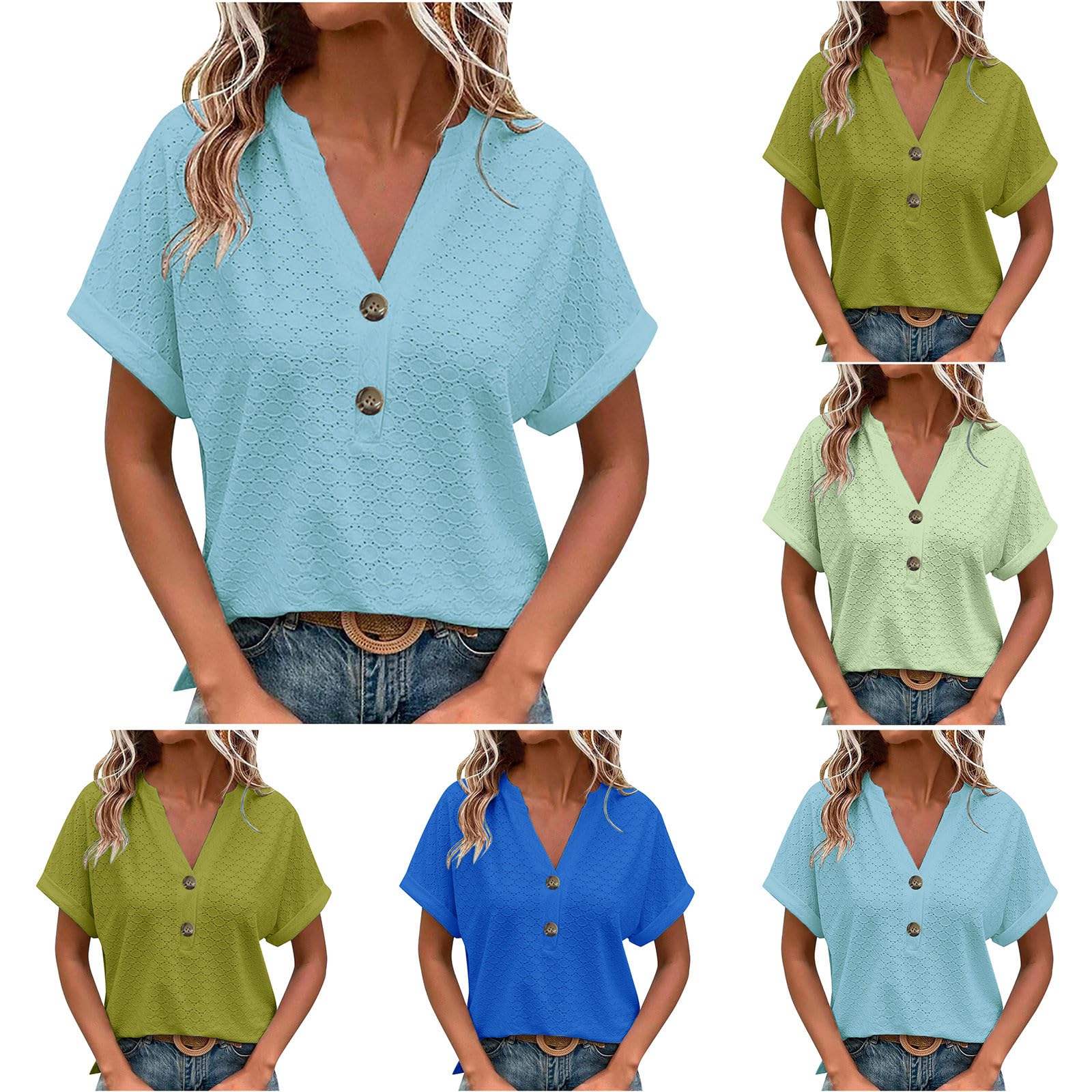AMhomely Women's Vintage Lace Short Sleeve V-Neck Blouse - Loose Casual Waffle Tee, Elegant Plain Tunic Top with Button Detail | Perfect for Summer Outfits, Beach Wear & Casual Office Attire