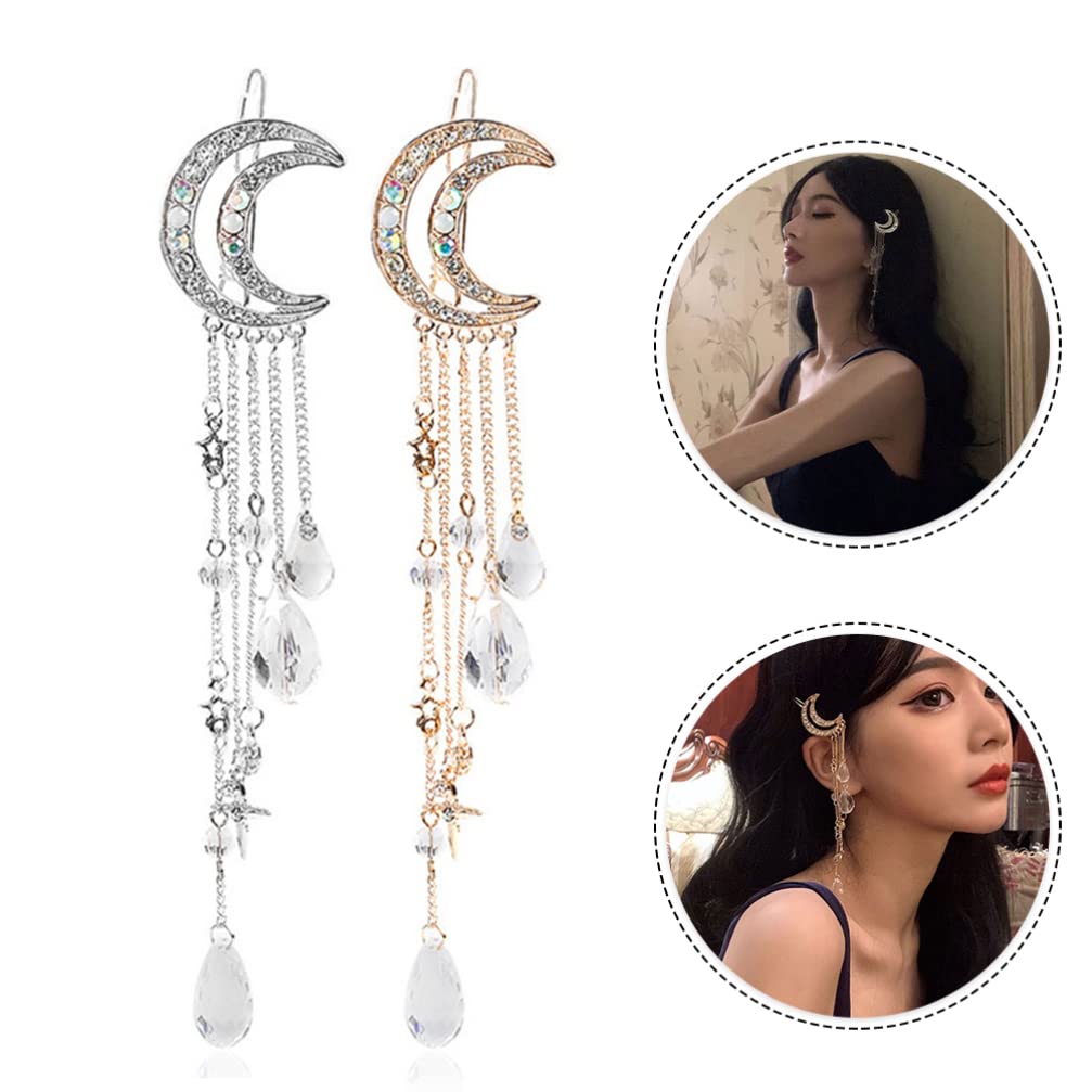 Moon Tassel Hair Clips 2pcs - Rhinestone Crystal Bobby Pins with Dangling Charms, Elegant Bridal Hair Accessories for Women, Wedding, Prom & Special Occasions