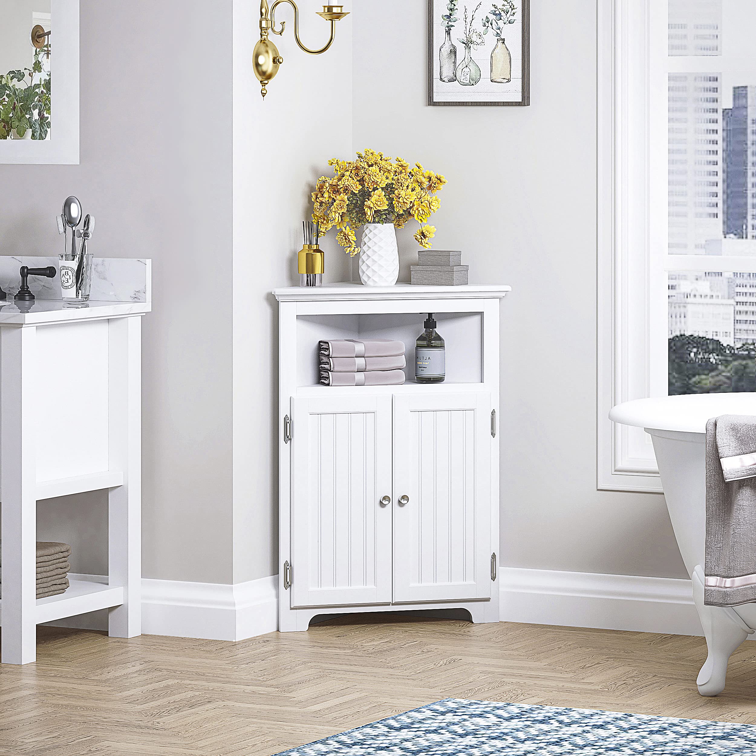 UTEX White Freestanding Corner Storage Cabinet with Adjustable Shelves - Narrow Bathroom, Kitchen & Living Room Organizer for Small Spaces - Perfect for Toiletries, Cleaning Supplies & Home Decor