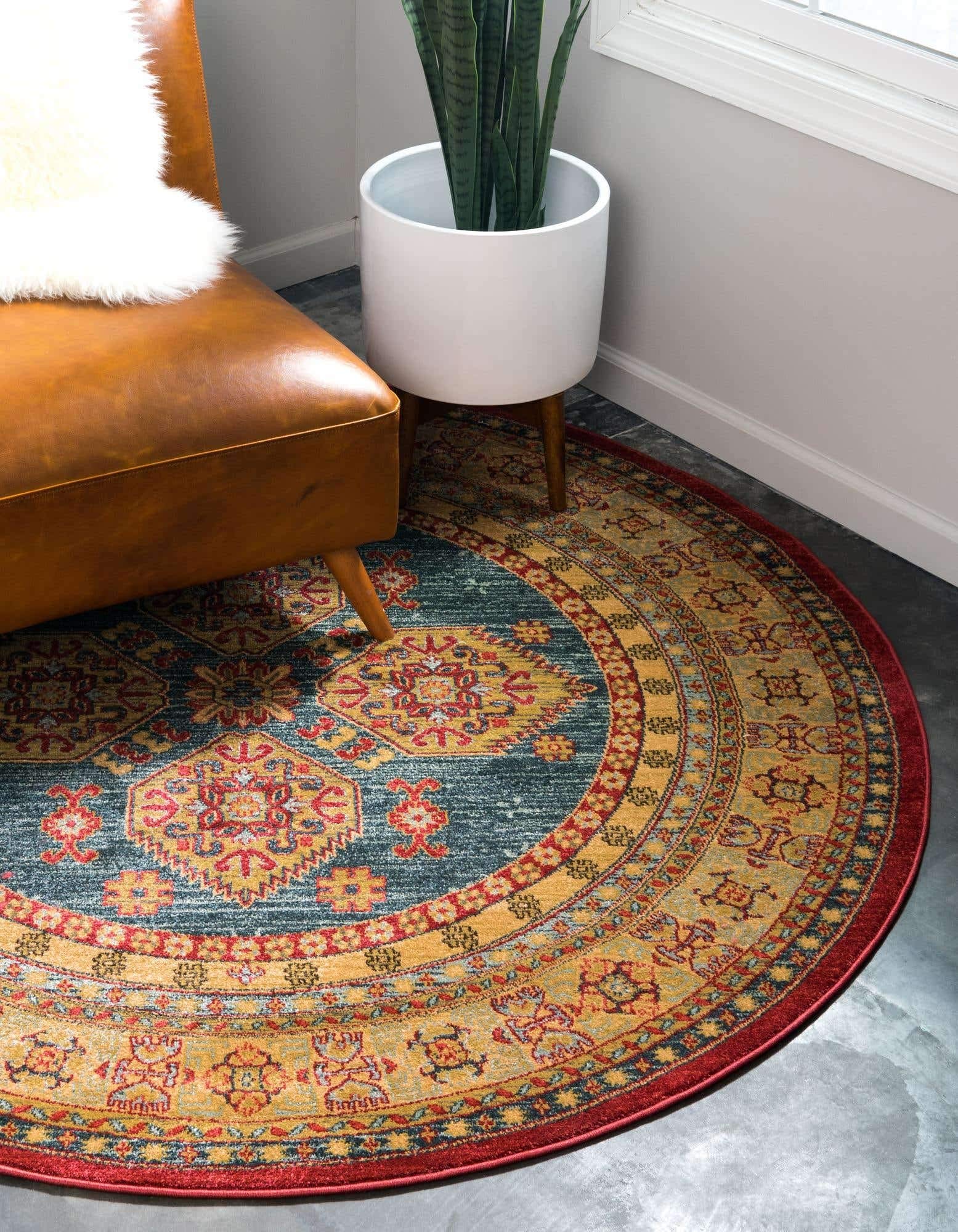 Unique Loom Sahand Collection Traditional Geometric Classic Navy Blue Round Area Rug 8' x 8' - Perfect for Living Room, Bedroom, or Office Decor