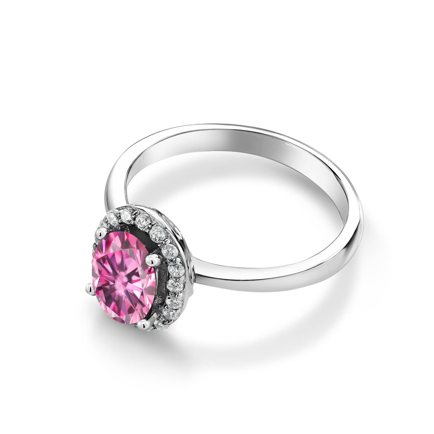Gem Stone King 925 Sterling Silver Women's Halo Engagement Ring with Oval Pink Moissanite (1.58 Cttw) - Perfect for Proposals, Weddings & Anniversary Gifts