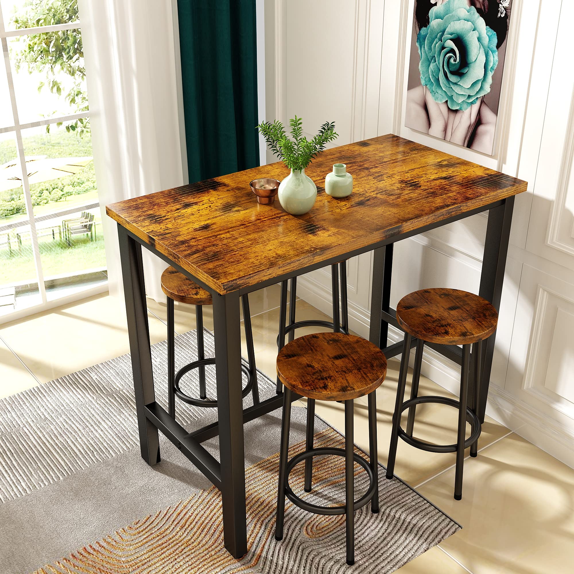AWQM 4-Piece Industrial Counter Height Dining Table Set with Stools - Brown Kitchen Breakfast & Pub Table for Living Room, Bar, Restaurant & Home Decor