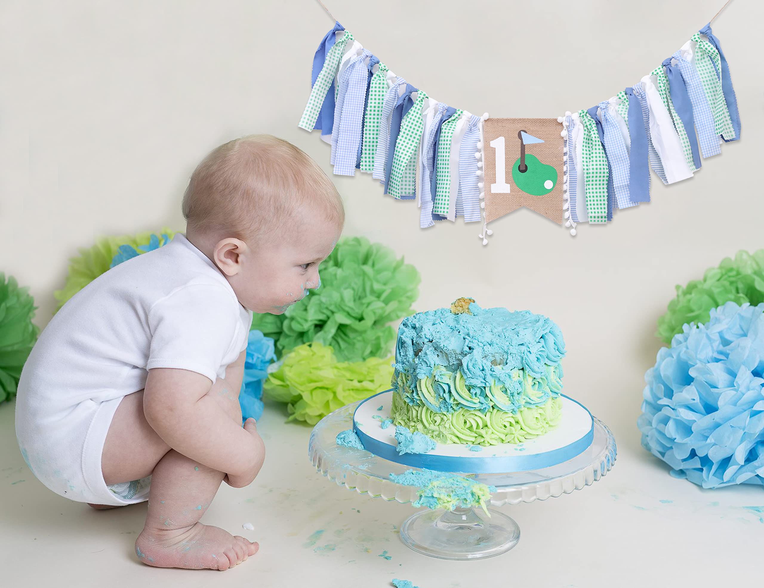 1st Birthday Highchair Banner - Golf Theme Party Decorations for Girls & Boys | Green & Blue Rag Garland Banner for First Birthday, Cake Smash Photos & Fore Par-tee Celebrations | Perfect for Golf-Themed 1st Birthday Parties, Highchair Decor & Photo Backdrops