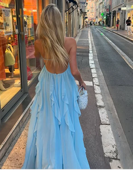 Elegant A-Line Halter Blue Chiffon Backless Ruffle Prom Dress J6108 - Perfect for Homecoming, Formal Dances & Special Occasions