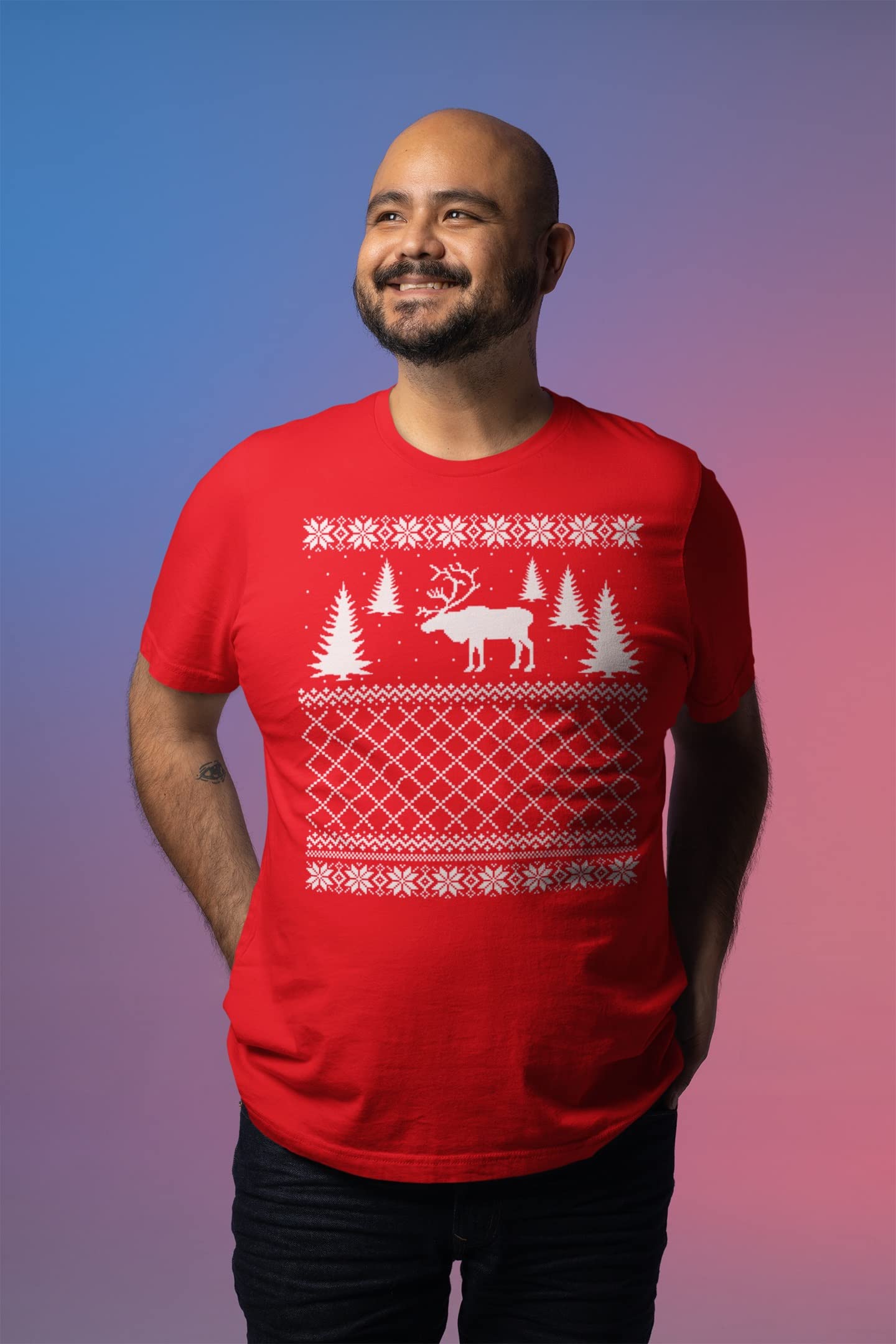 Funny Elk Deer Christmas Holiday T-Shirts for Men - Animal World Xmas Tees, Ugly Christmas Sweater Alternative - Perfect for Holiday Parties & Festive Family Gatherings